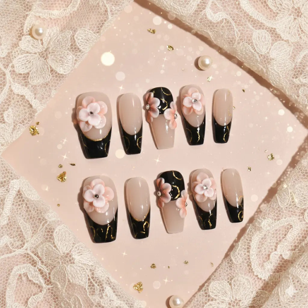 Kurohana no Tsuki（黒花の月） | Handmade Press-On Nails – Bling Empire