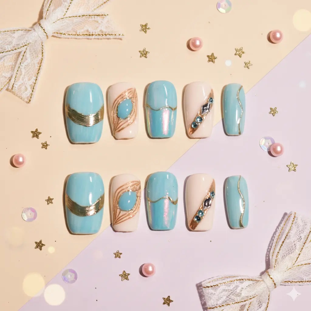 Azure Peacock & Gilded Ripple Press-On Nails