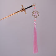 Sakura Blossom Sword Hairpin – Rose Gold & Pink Tassel