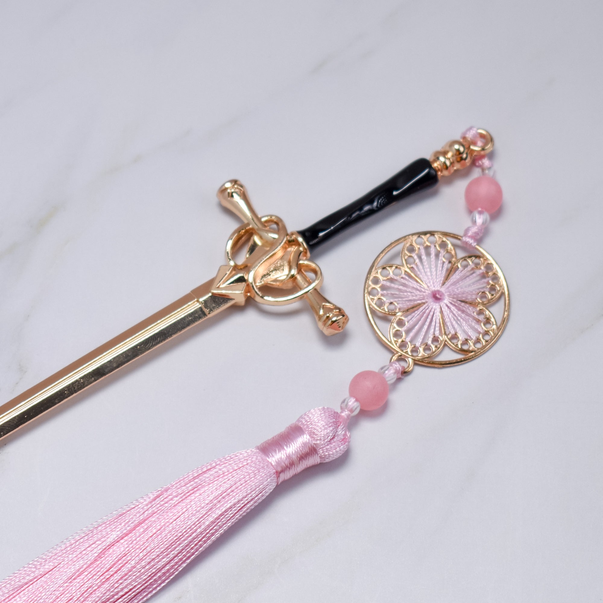 Sakura Blossom Sword Hairpin – Rose Gold & Pink Tassel