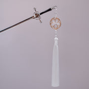 Sakura Snow Sword Hairpin – White Tassel & Gold Filigree Charm