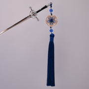 Sakura Sapphire Sword Hairpin – Deep Blue Tassel & Gold Filigree Charm