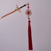 Sakura Crimson Sword Hairpin – Red Tassel & Gold Filigree Charm