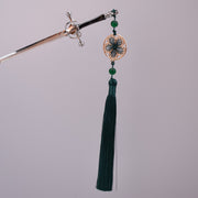 Sakura Emerald Sword Hairpin – Deep Green Tassel & Gold Filigree Charm