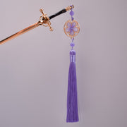 Sakura Amethyst Sword Hairpin – Lavender Tassel & Gold Filigree Charm