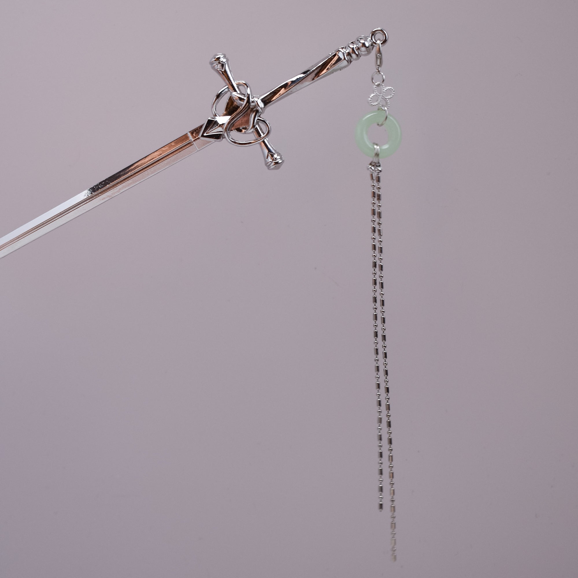 Celestial Jade Ring Sword Hairpin – Silver Sword Pin with Long Chain Drop
