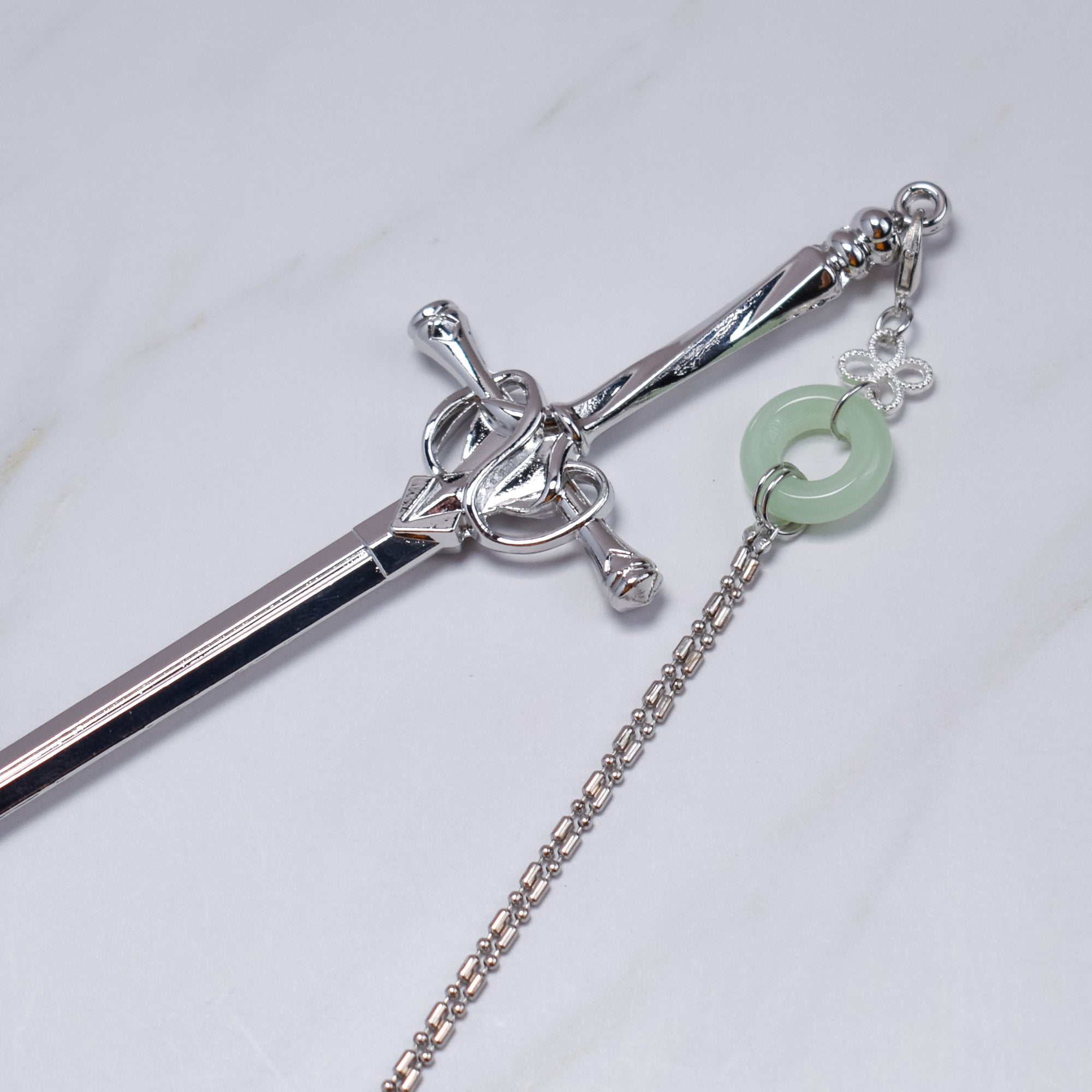 Celestial Jade Ring Sword Hairpin – Silver Sword Pin with Long Chain Drop