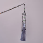 Lotus Mist Hairpin – Silver Engraved Pin, Jade Beads & Grey Tassel Chains