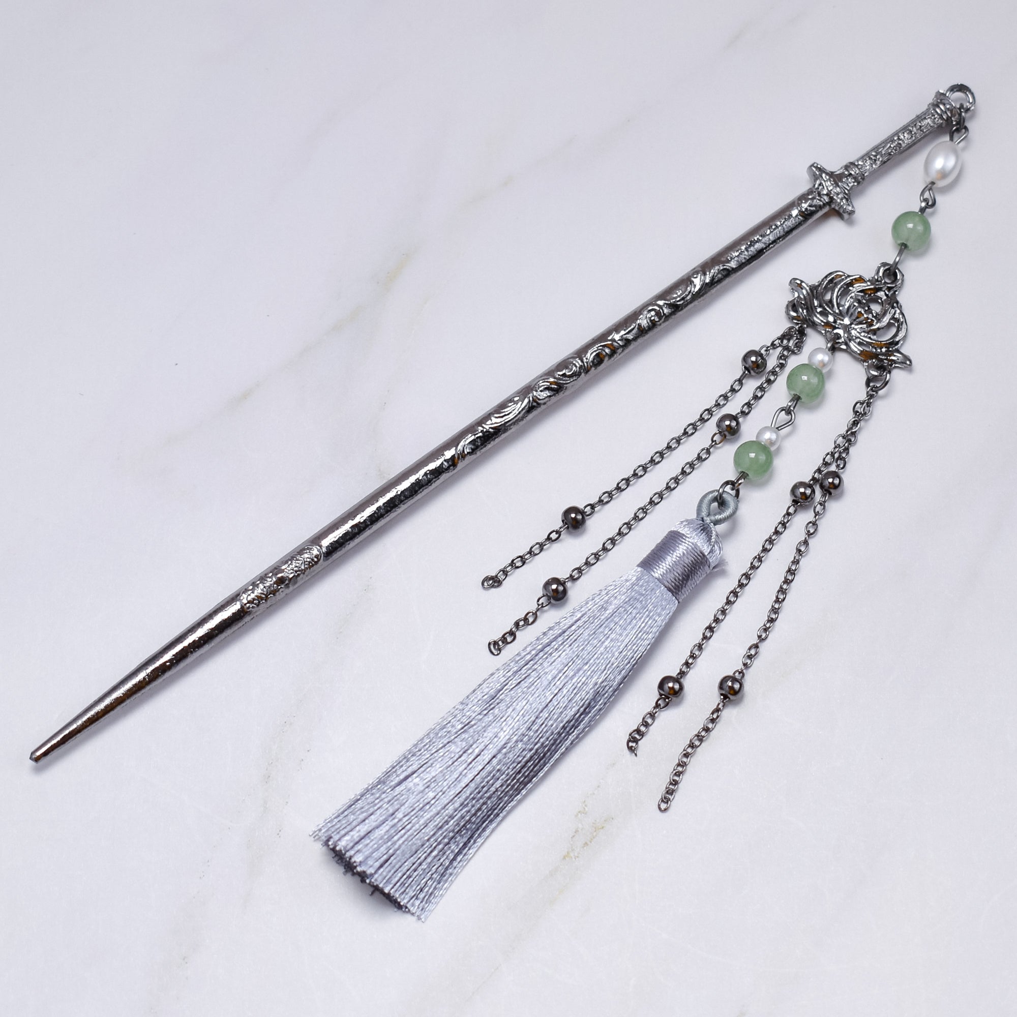Lotus Mist Hairpin – Silver Engraved Pin, Jade Beads & Grey Tassel Chains