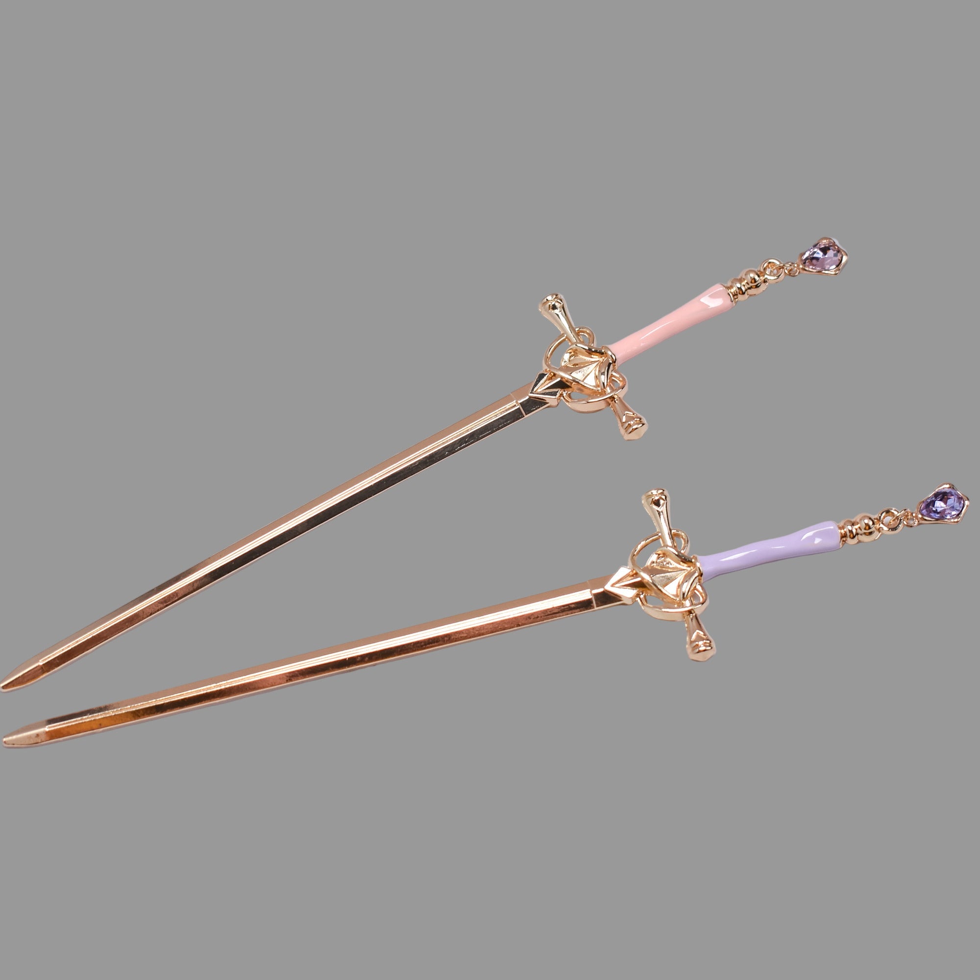 Pastel Crystal Sword Hairpin – Pink & Lavender Variants (Rose Gold Finish)