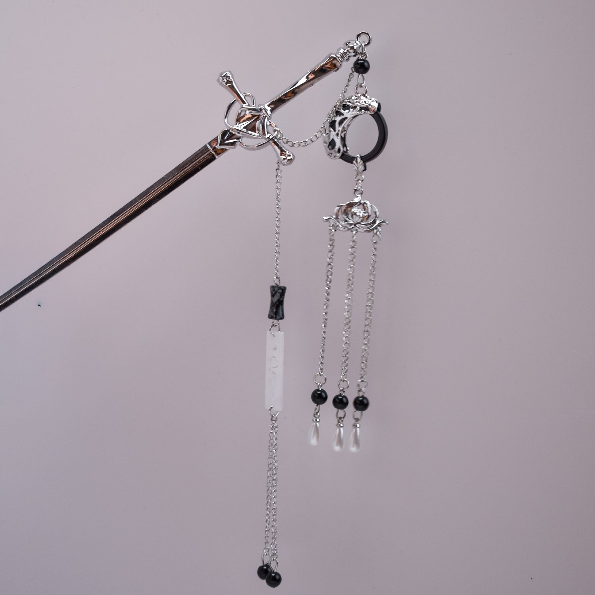 Midnight Rose Sword Hairpin – Silver Blade with Black Accents & Layered Chains