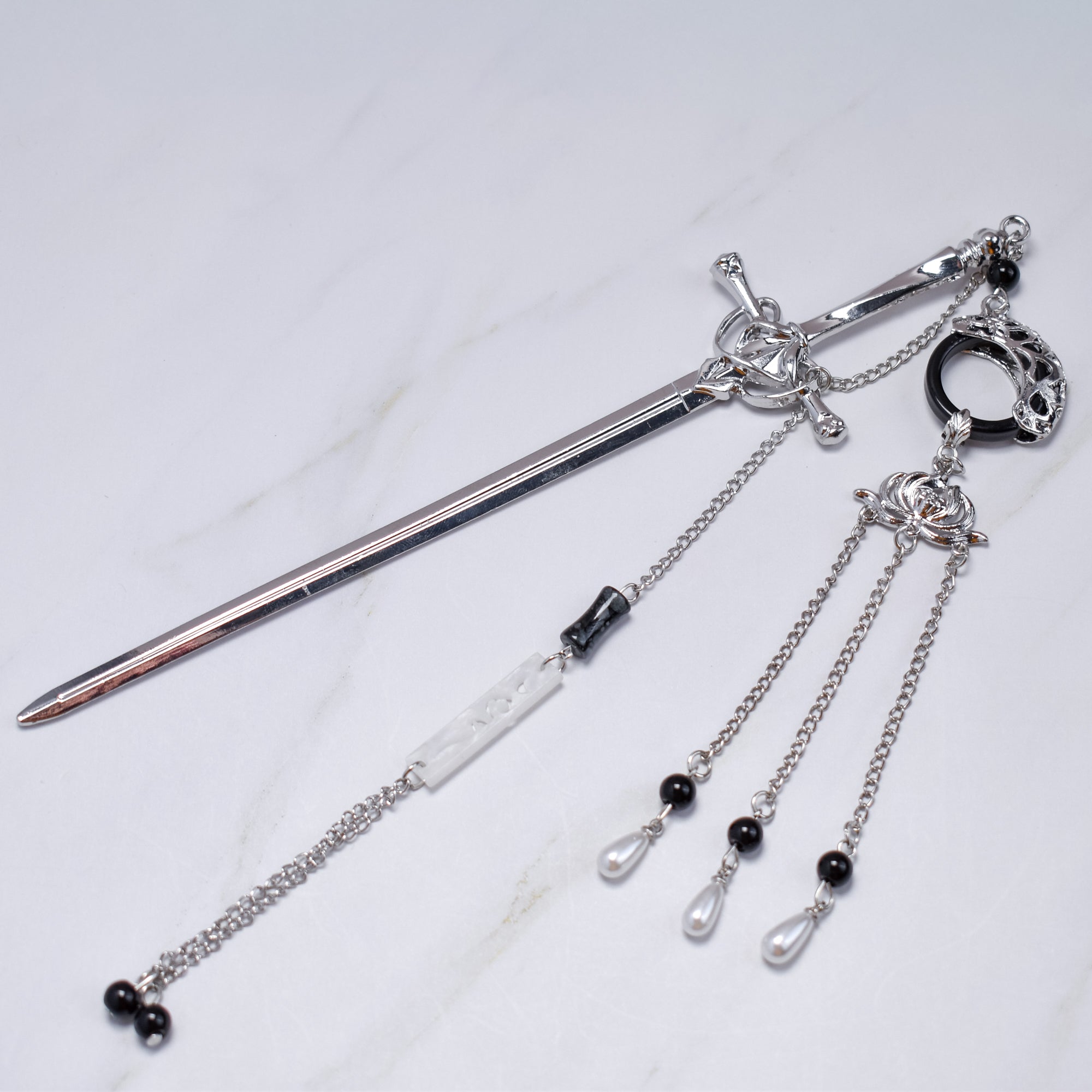 Midnight Rose Sword Hairpin – Silver Blade with Black Accents & Layered Chains