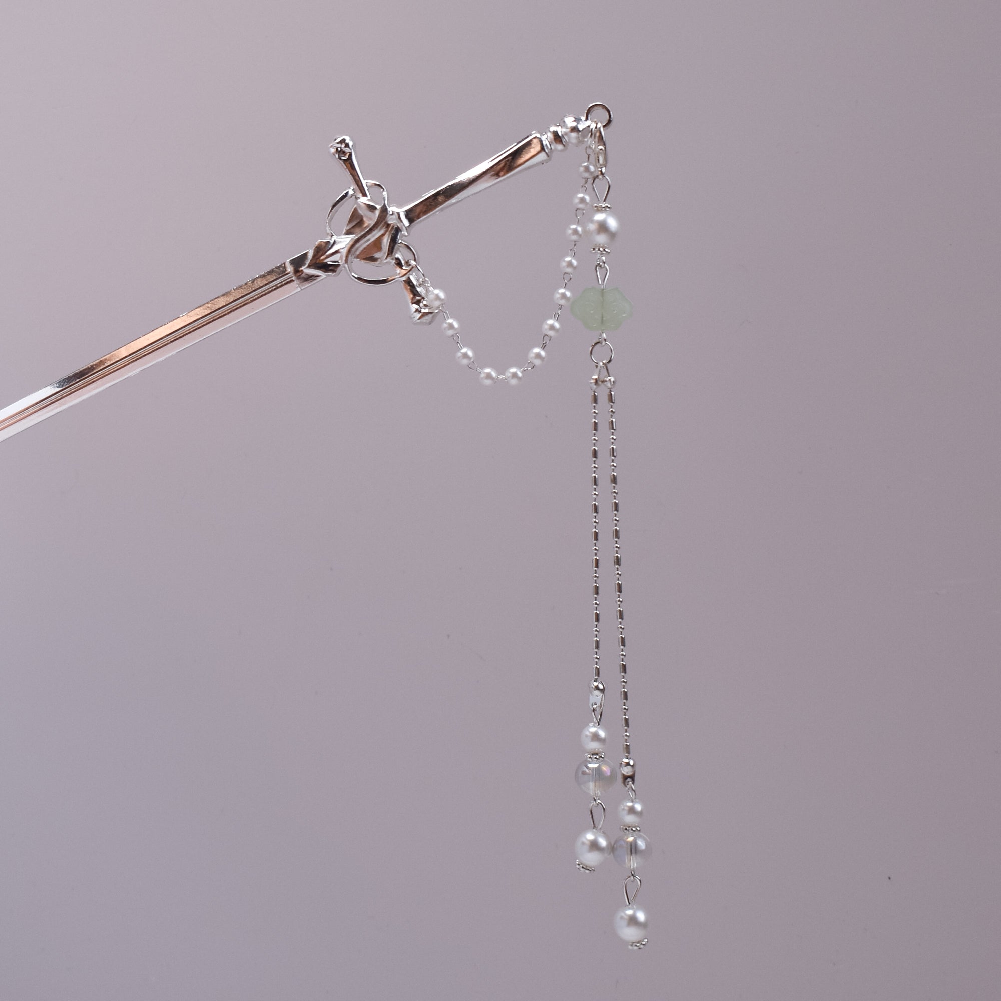 Moonlit Pearl Sword Hairpin – Silver Blade with Pearls & Jade Blossom Accent
