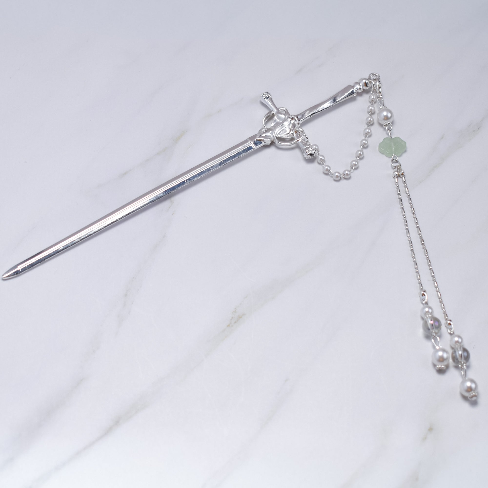Moonlit Pearl Sword Hairpin – Silver Blade with Pearls & Jade Blossom Accent