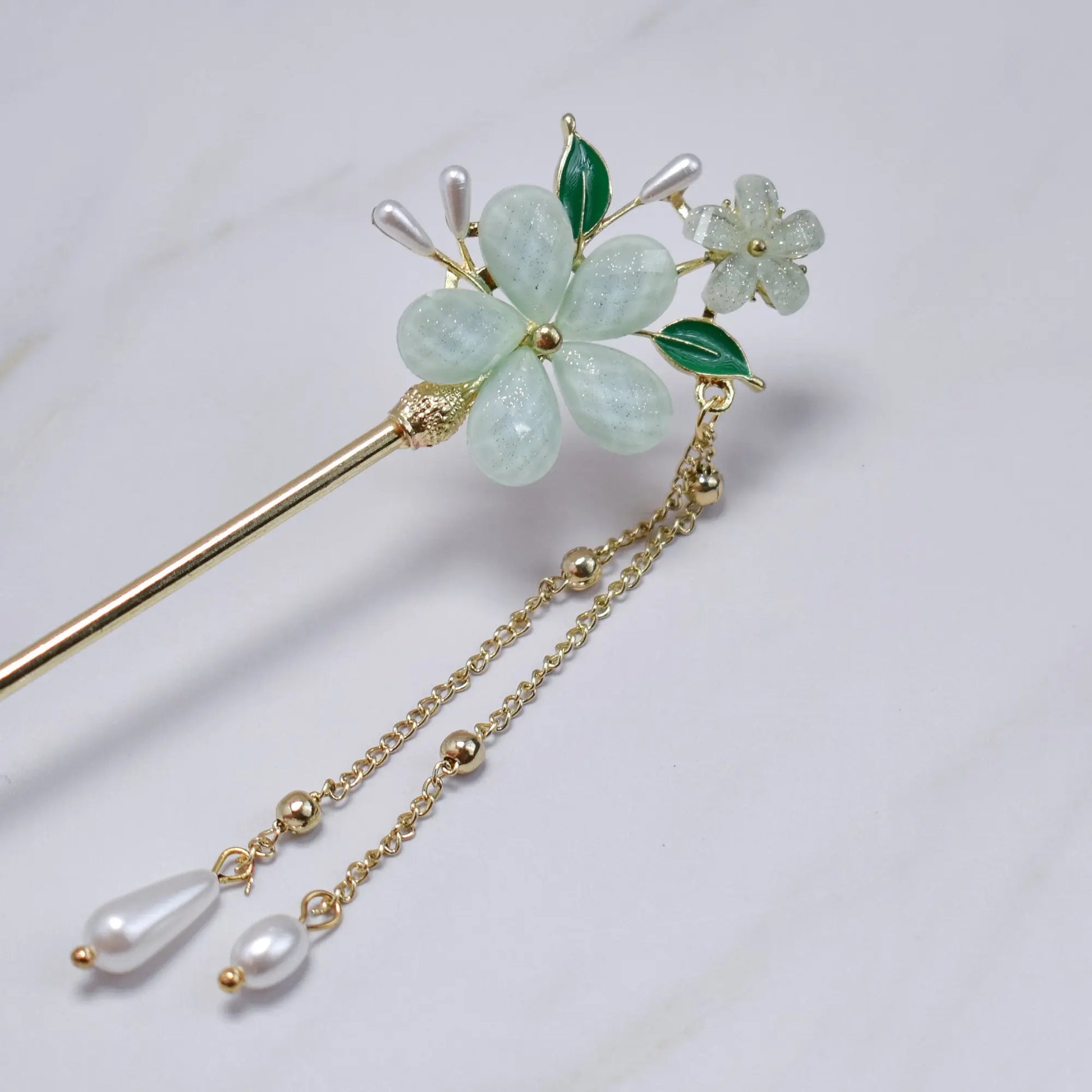 Blossom Dew Hairpin – Four Color Variants (Green • Pink • Ivory • Multicolor) Bling Empire