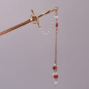 Crimson Pearl Sword Hairpin – Rose Gold Blade with Red Beads & Pearl Drops