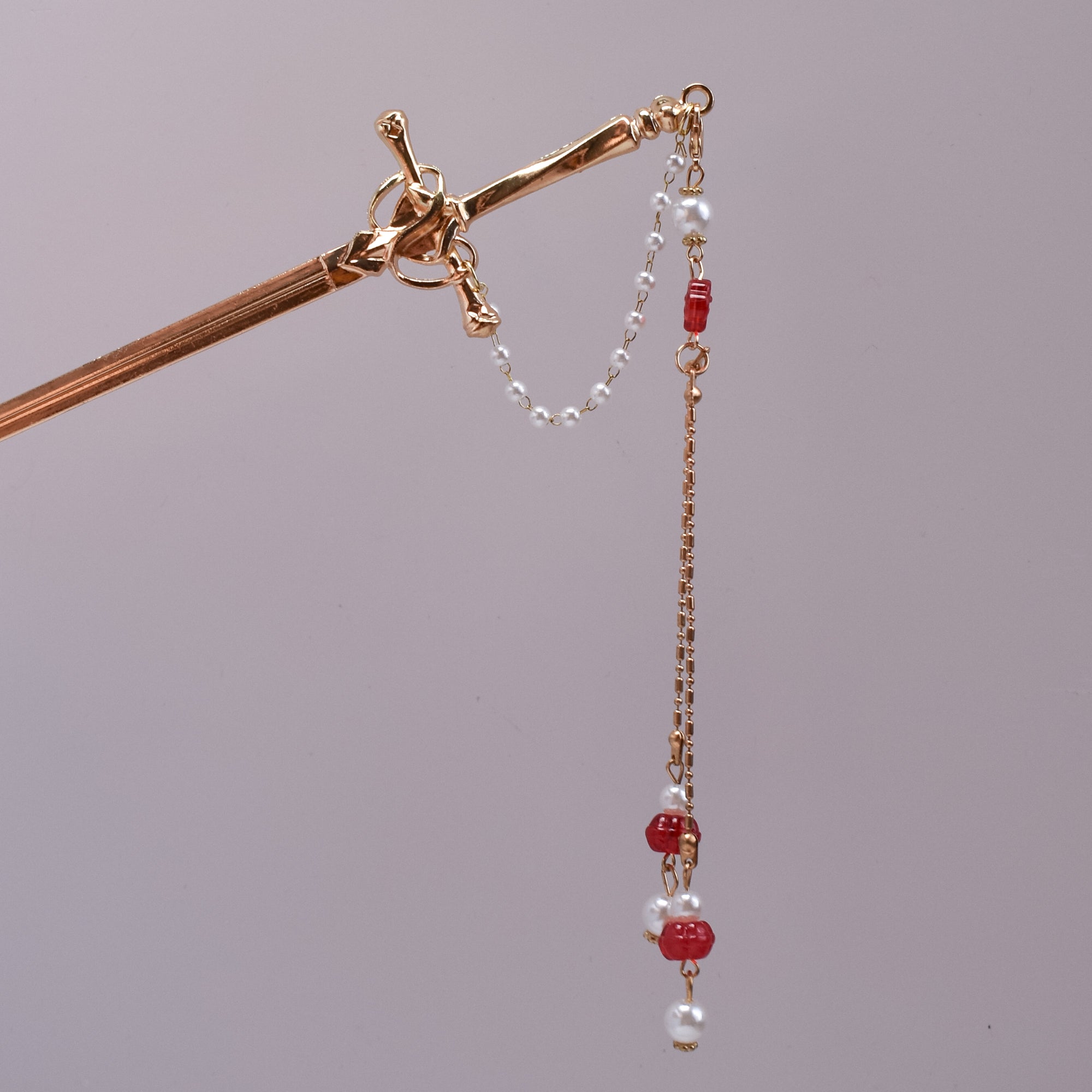 Crimson Pearl Sword Hairpin – Rose Gold Blade with Red Beads & Pearl Drops