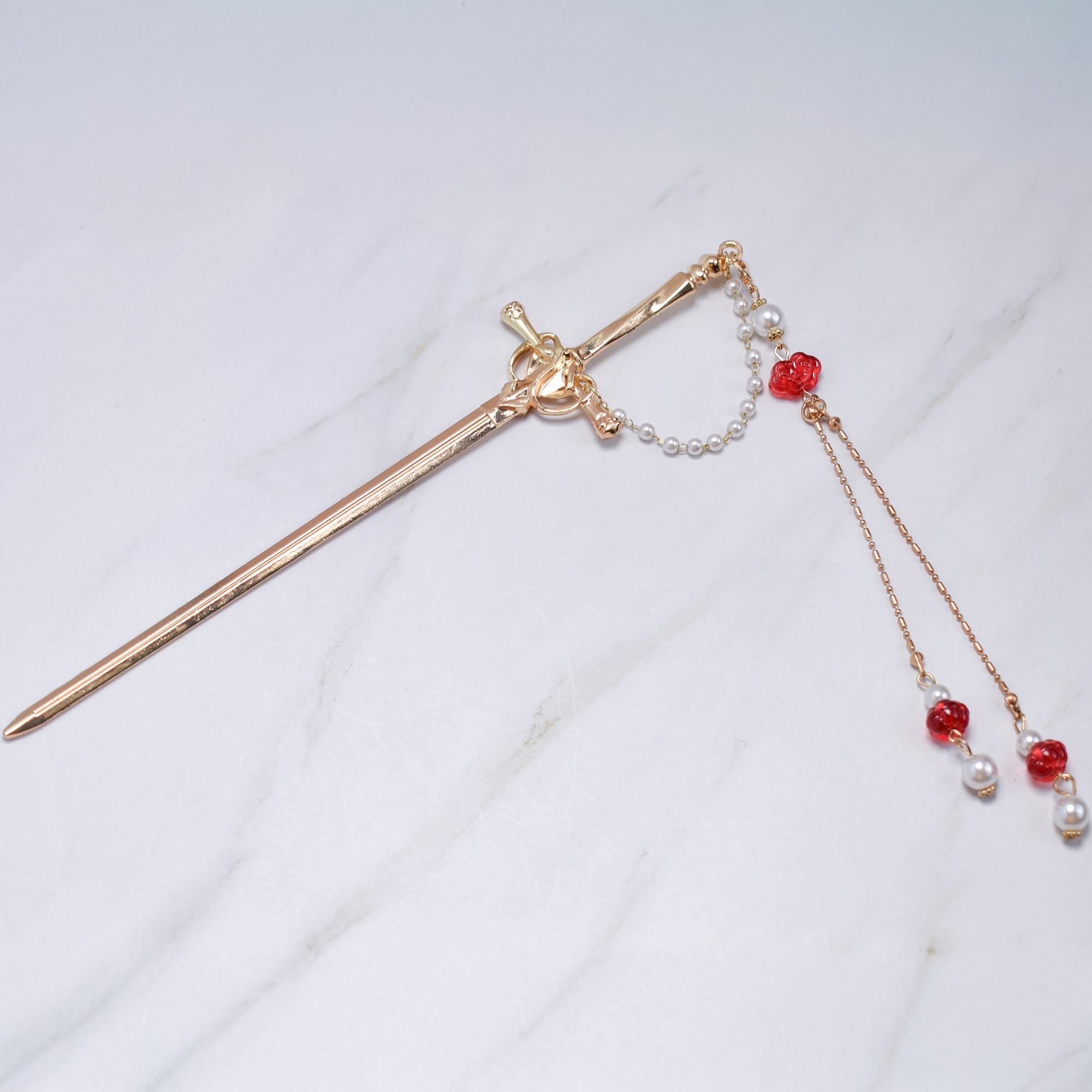 Crimson Pearl Sword Hairpin – Rose Gold Blade with Red Beads & Pearl Drops