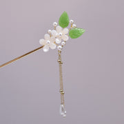 Jade Blossom Pearl Hairpin – White Petals, Green Leaves & Gold Chain Drop