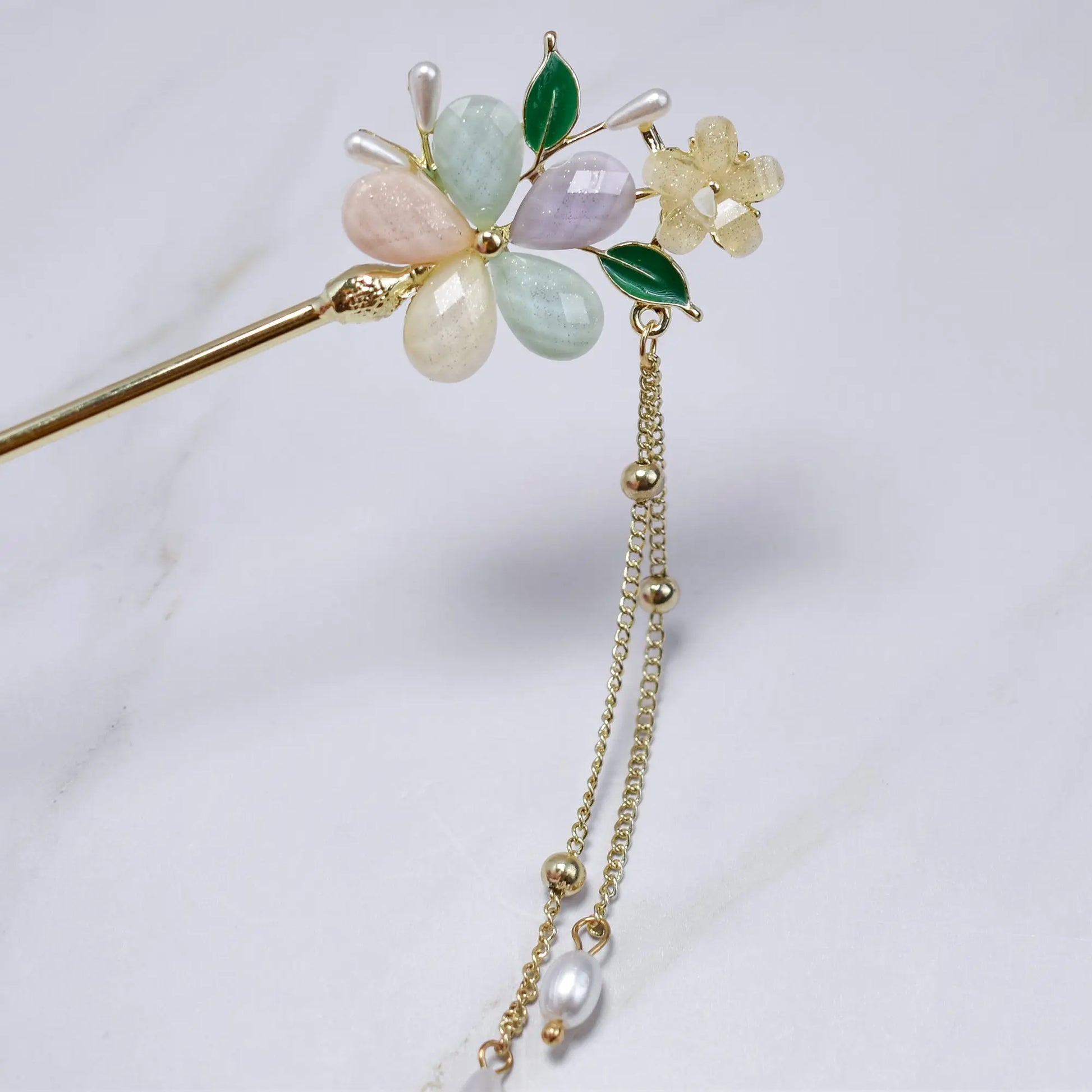 Blossom Dew Hairpin – Four Color Variants (Green • Pink • Ivory • Multicolor) Bling Empire