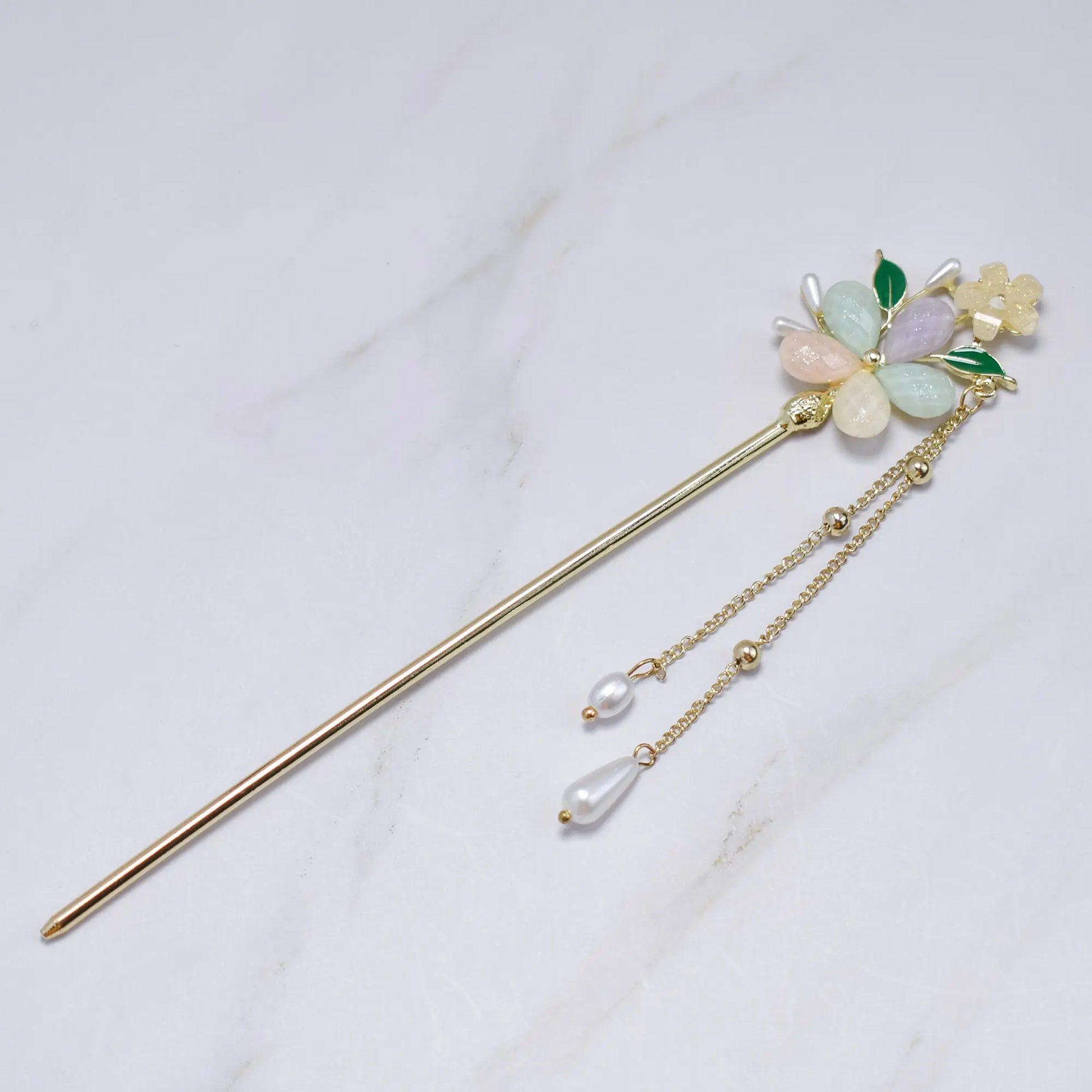Blossom Dew Hairpin – Four Color Variants (Green • Pink • Ivory • Multicolor) Bling Empire