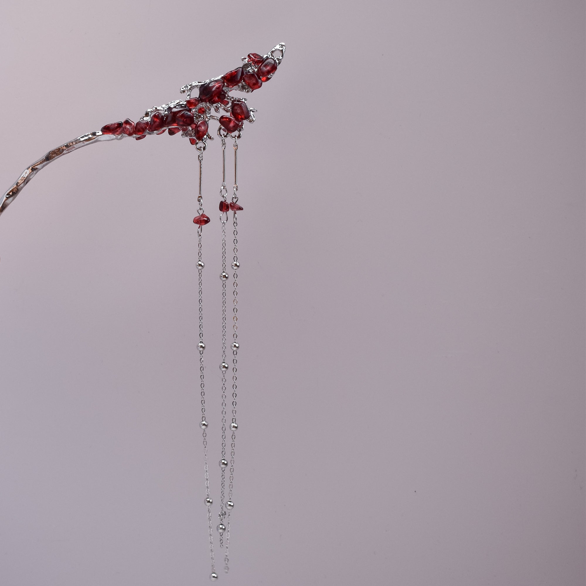 Crystal Vine Cascade Hairpin – Three Color Variants (Red Garnet • Midnight Amethyst • Golden Citrine)