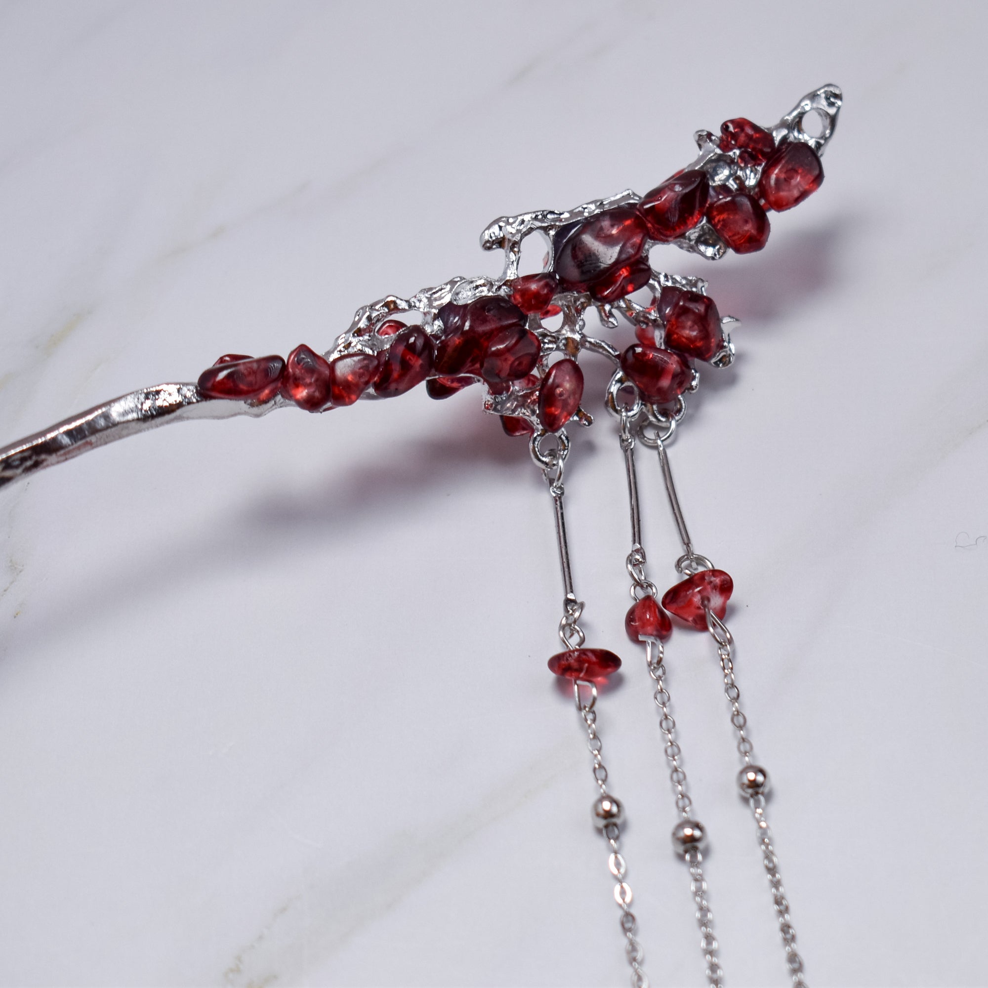 Crystal Vine Cascade Hairpin – Three Color Variants (Red Garnet • Midnight Amethyst • Golden Citrine)
