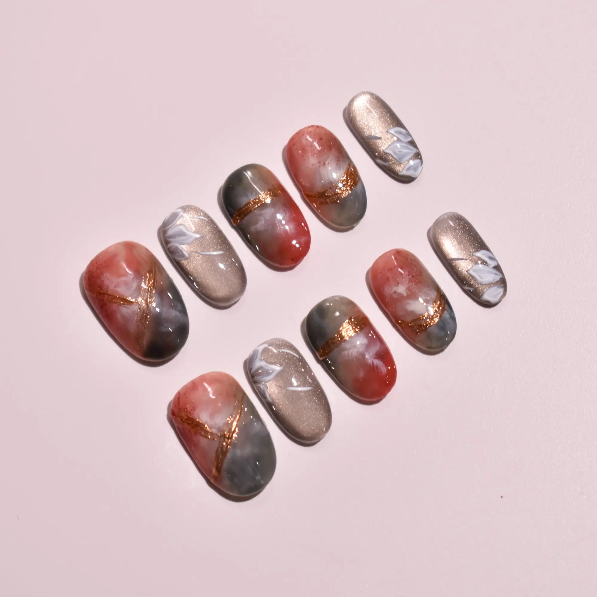 Midnight Maple & Mist | Handmade Wafu Marble Press-On Nails Bling Empire