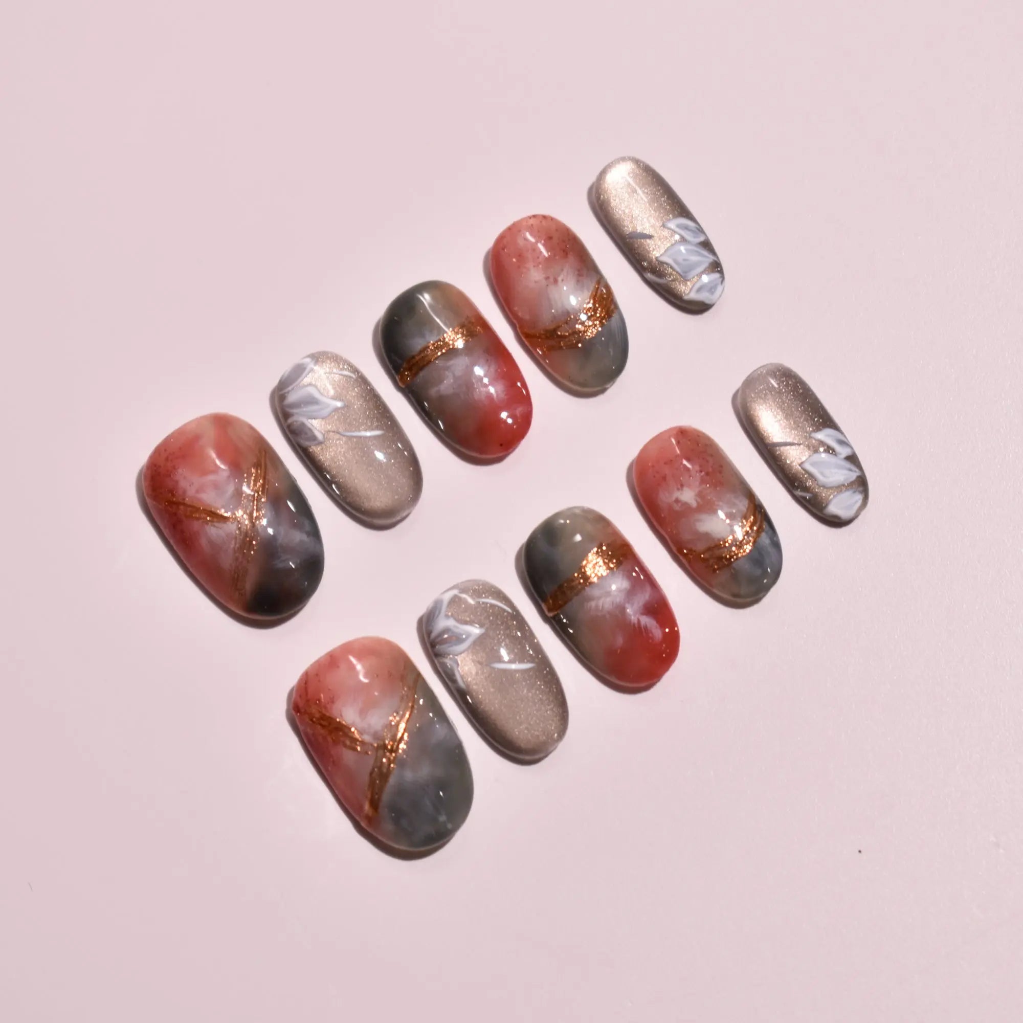 Midnight Maple & Mist | Handmade Wafu Marble Press-On Nails