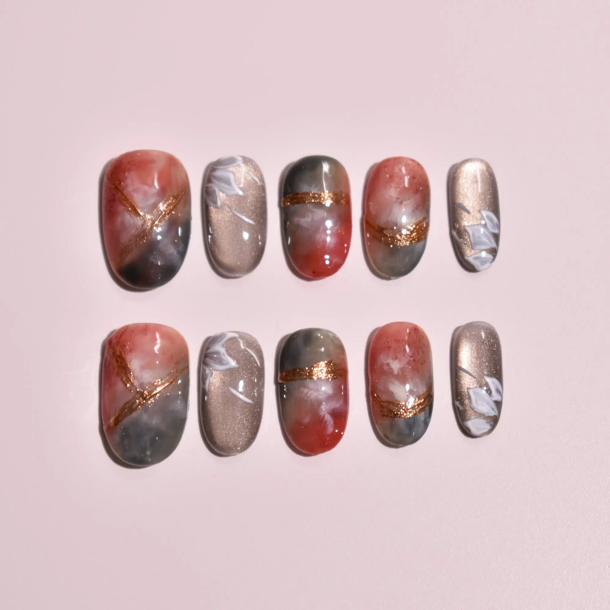 Midnight Maple & Mist | Handmade Wafu Marble Press-On Nails Bling Empire