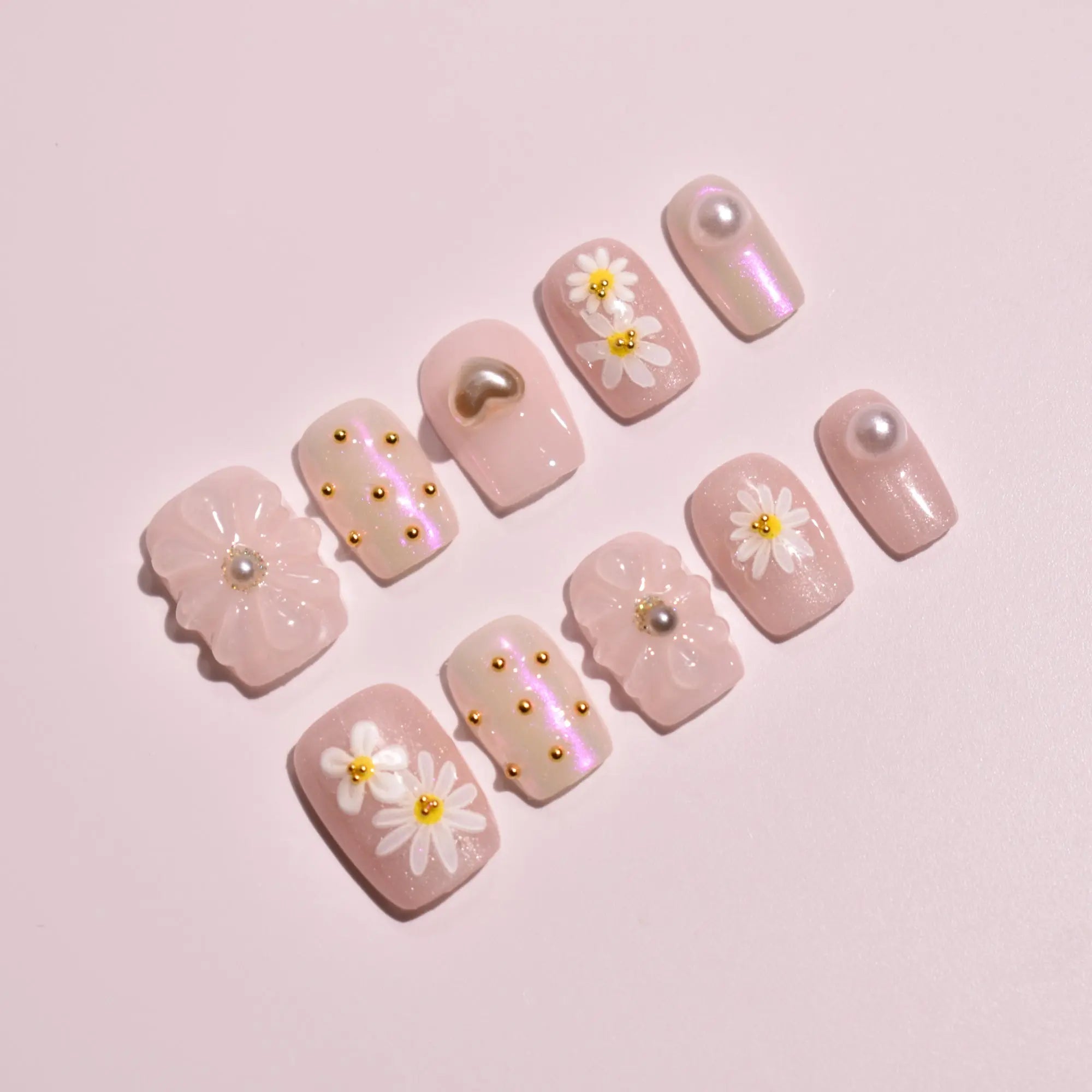 Radiant Meadow & Pearl Heart Press-On Nails