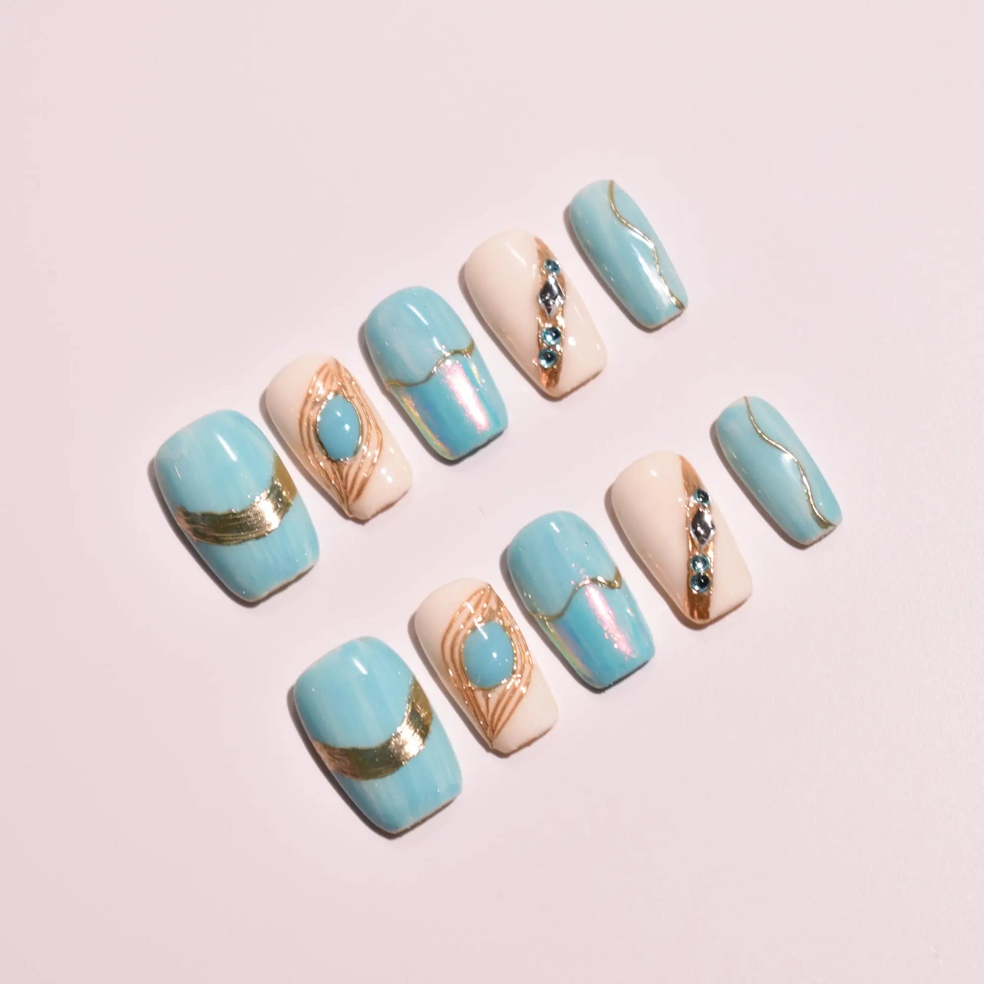 Azure Peacock & Gilded Ripple Press-On Nails Bling Empire