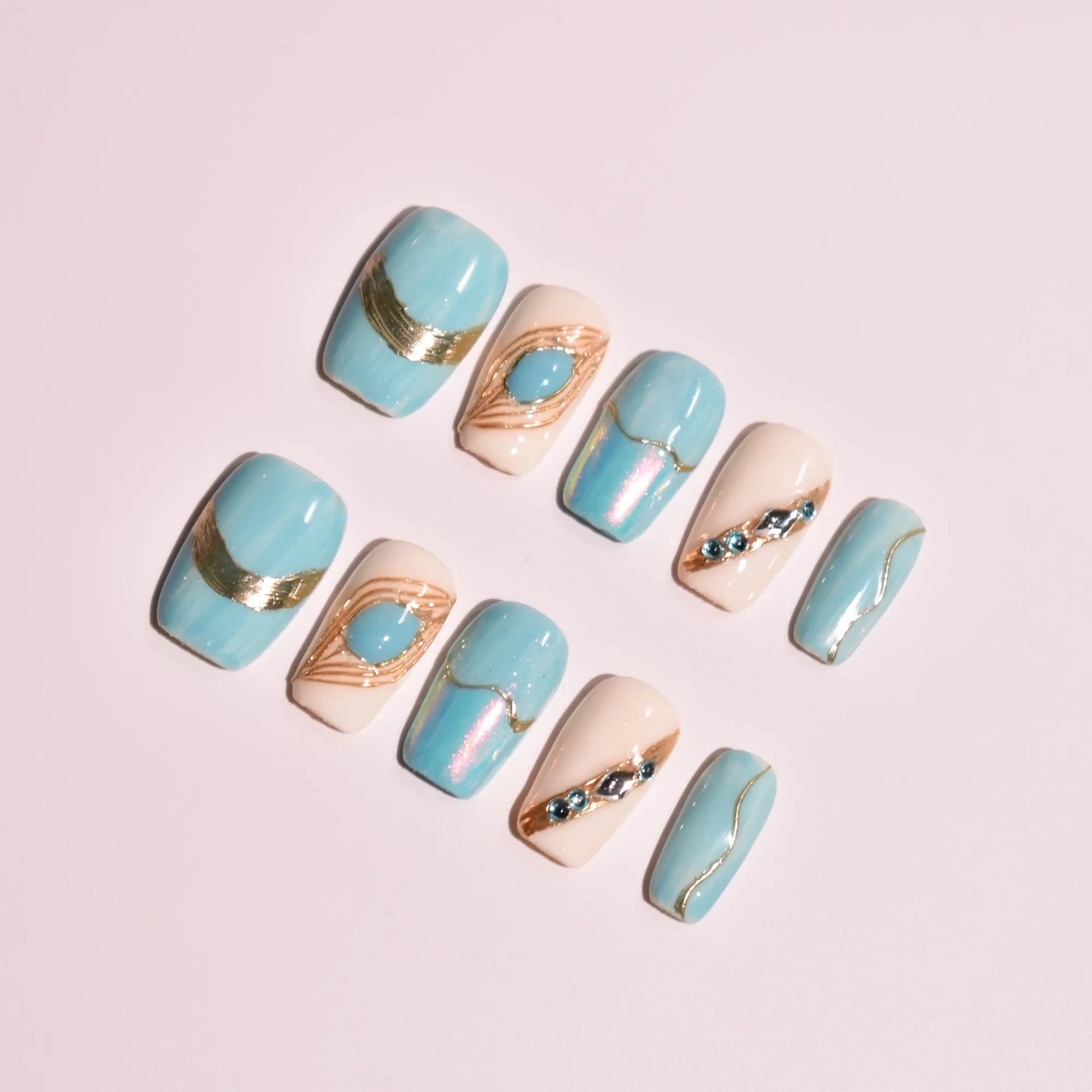 Azure Peacock & Gilded Ripple Press-On Nails Bling Empire