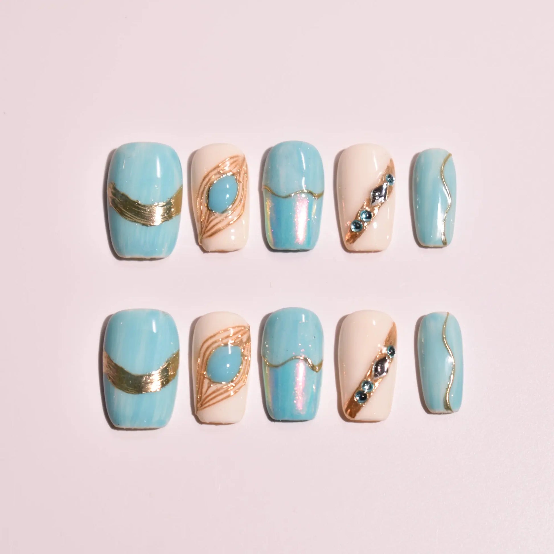 Azure Peacock & Gilded Ripple Press-On Nails Bling Empire
