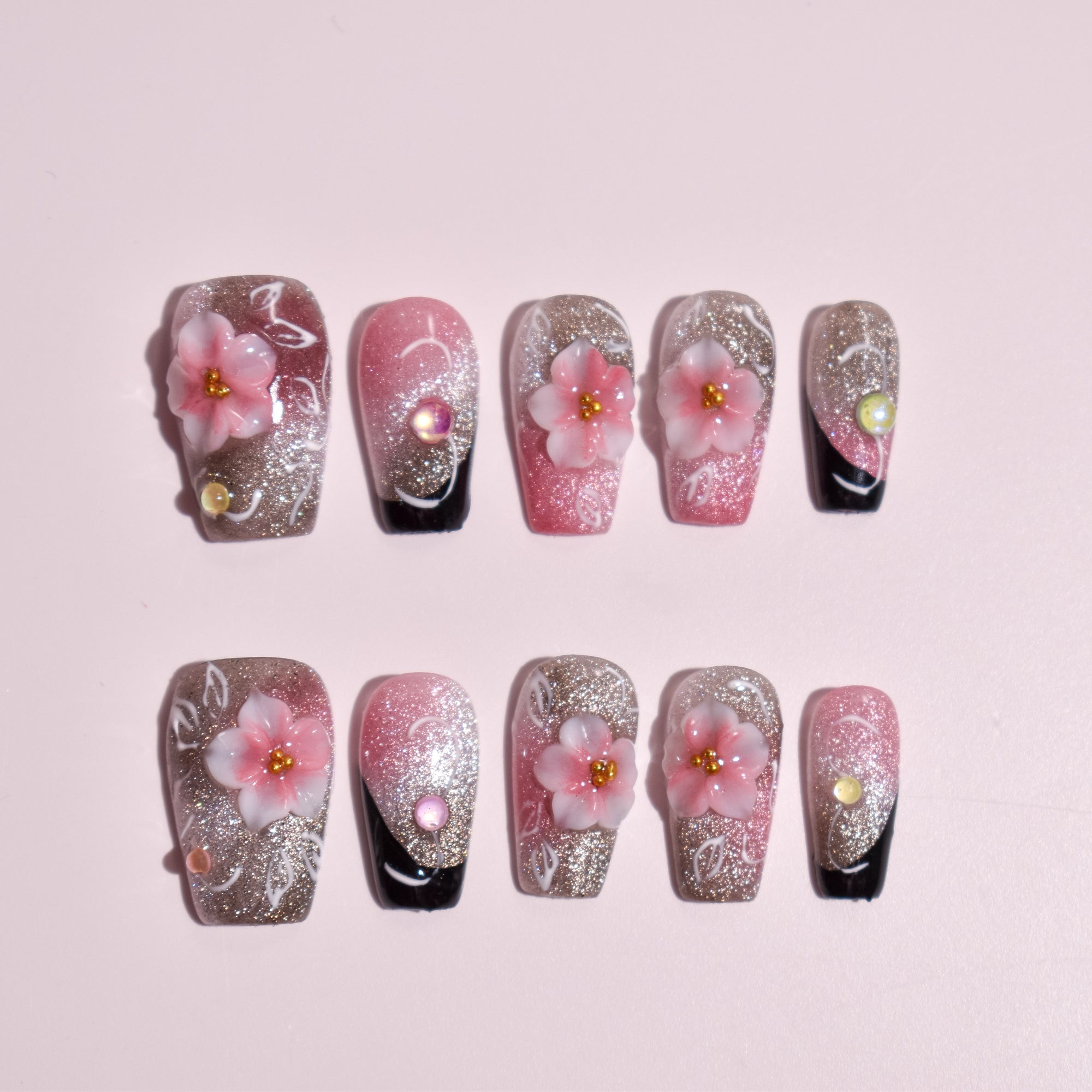 Gin Sakura Yoru | Pink Glitter Coffin Press-On Nails