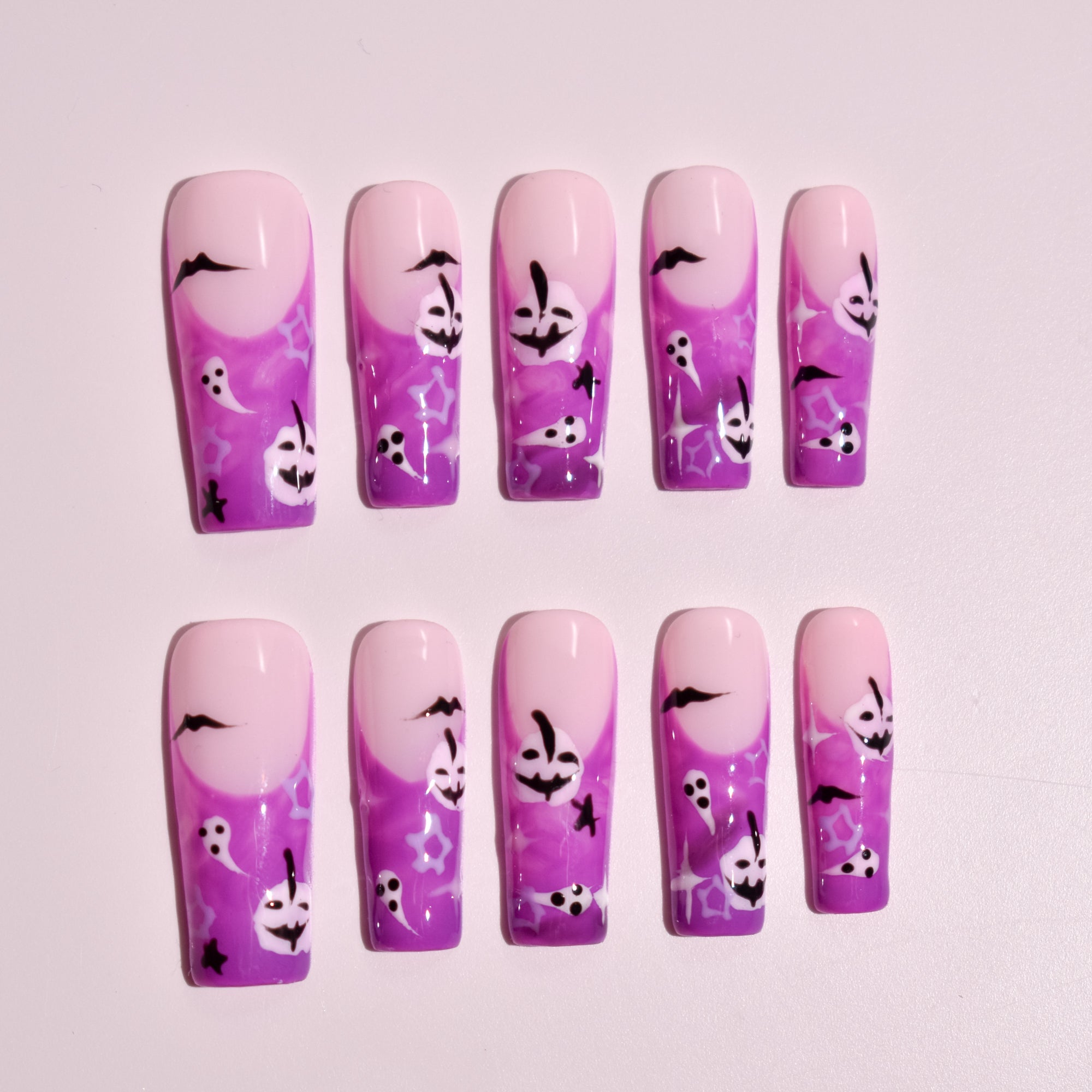 ✦ Violet Haunt | Long Square Pink Purple Ghost Press-On Nails