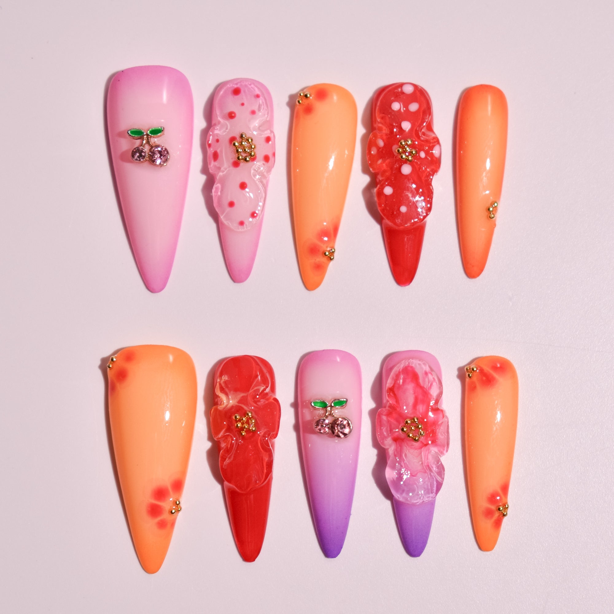 ✦ Momoiro Mikan | Cherry Floral Long Stiletto Press-On Nails