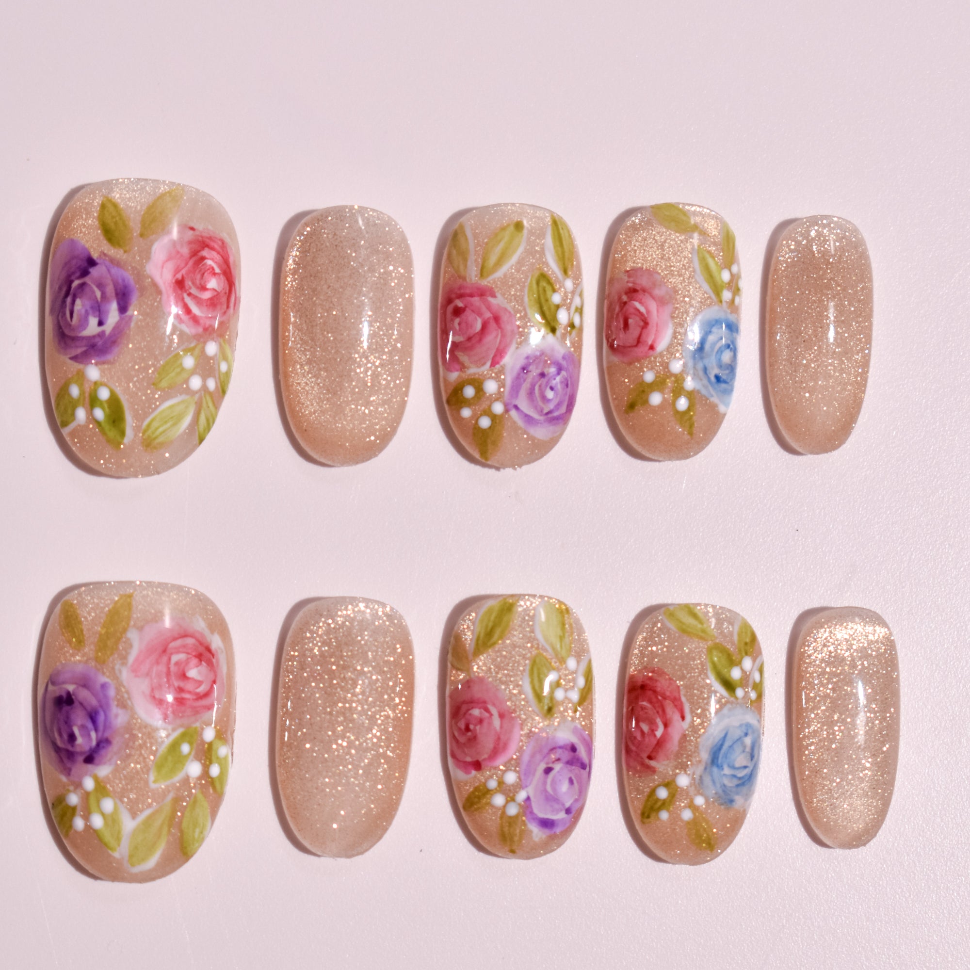 Hanabira Champagne | Oval Floral Glitter Press-On Nails