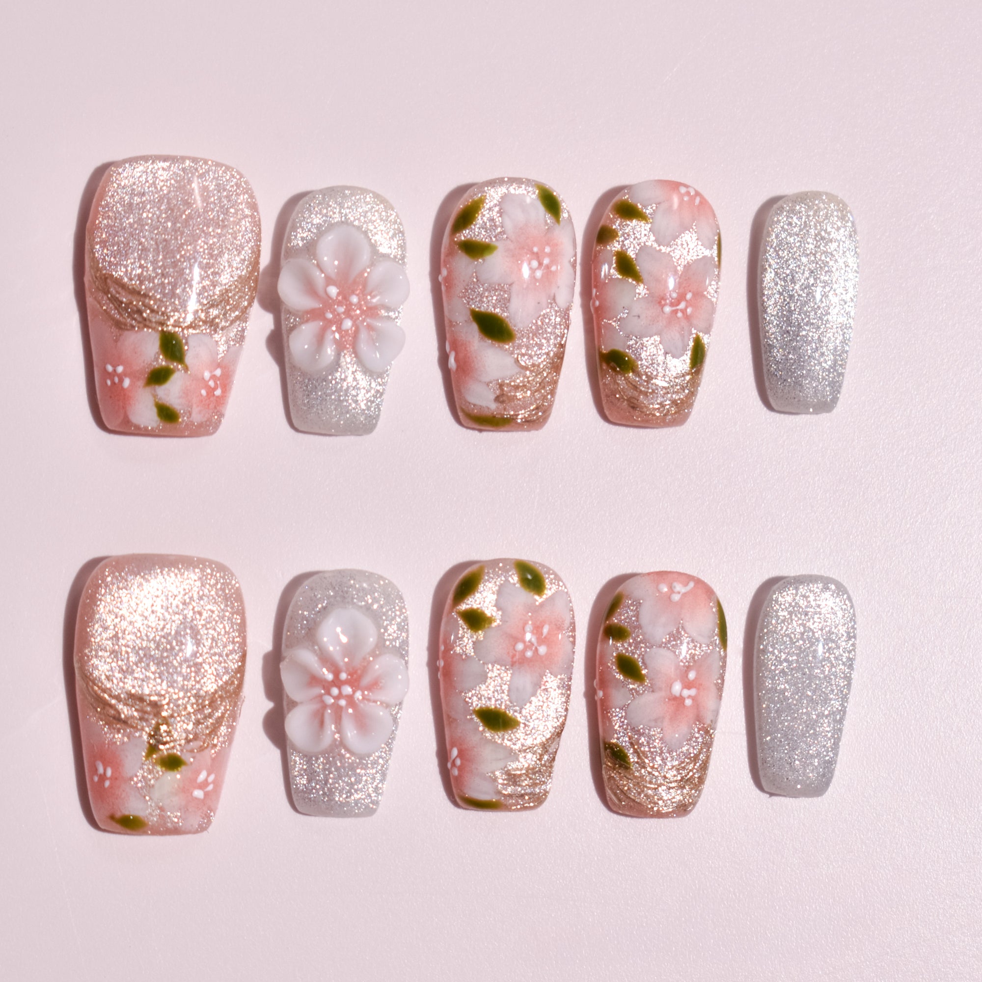 ✦ Sakura Kōkin | Coffin Floral Glitter Press-On Nails