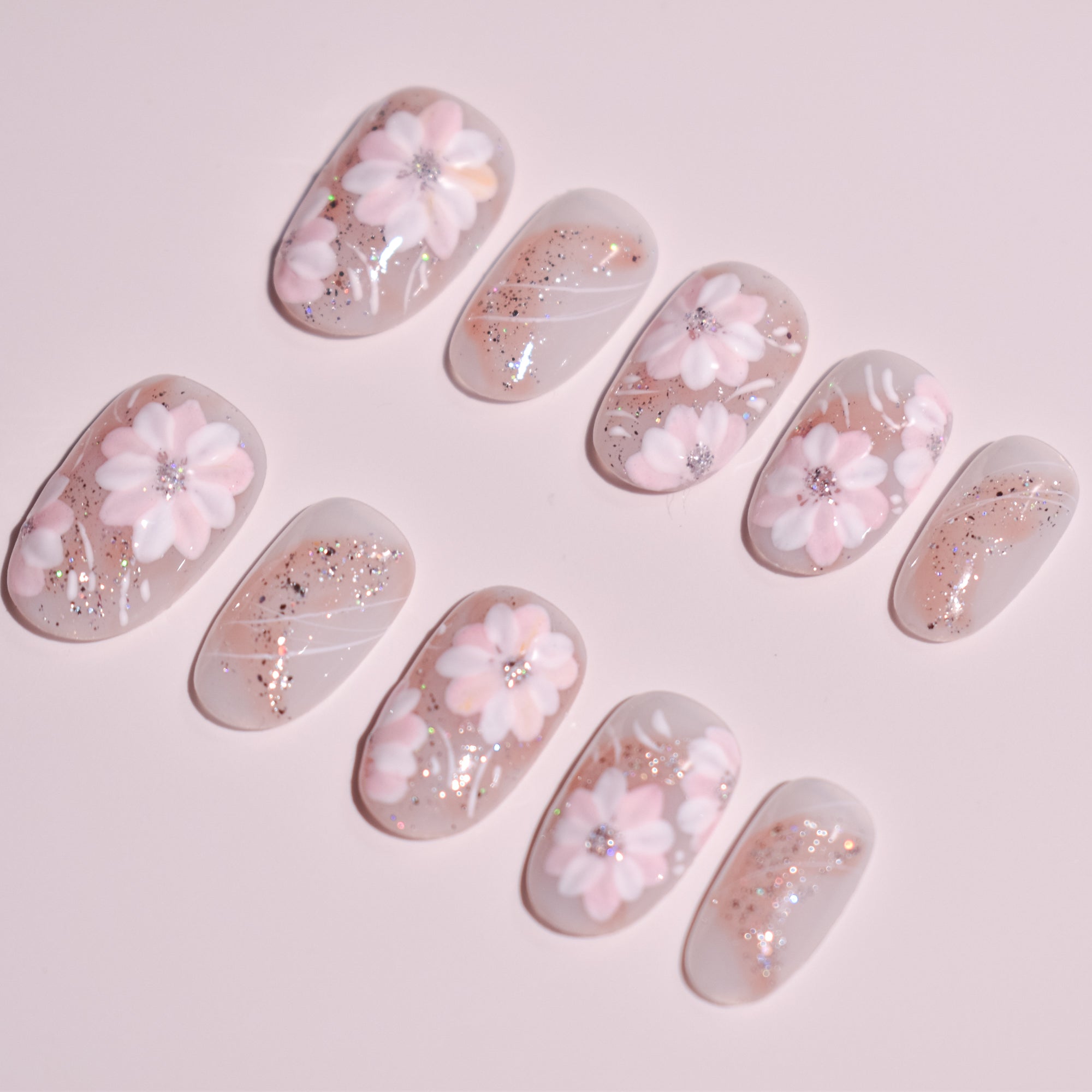 Sakura Veil | Oval Pink Floral Press-On Nails