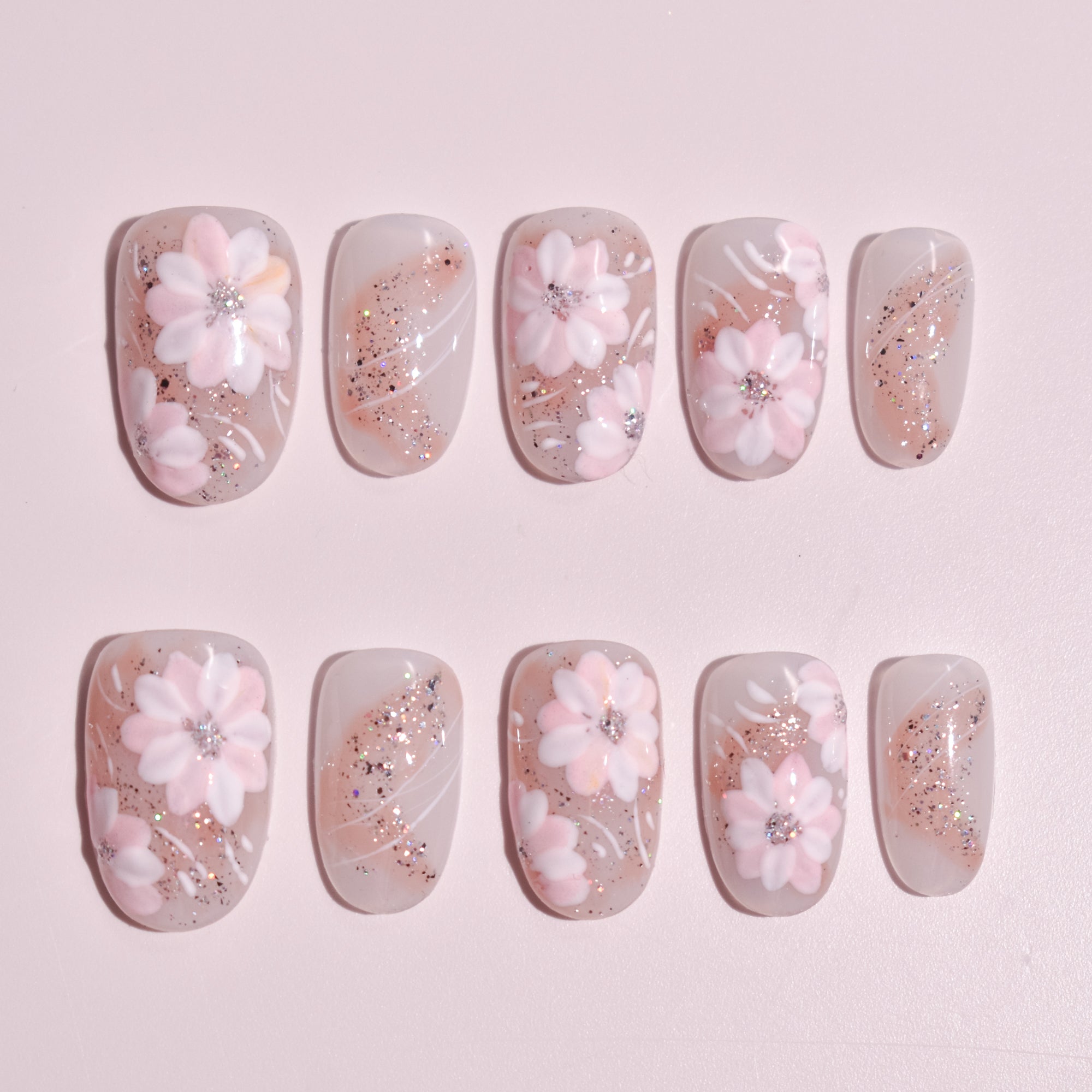 Sakura Veil | Oval Pink Floral Press-On Nails