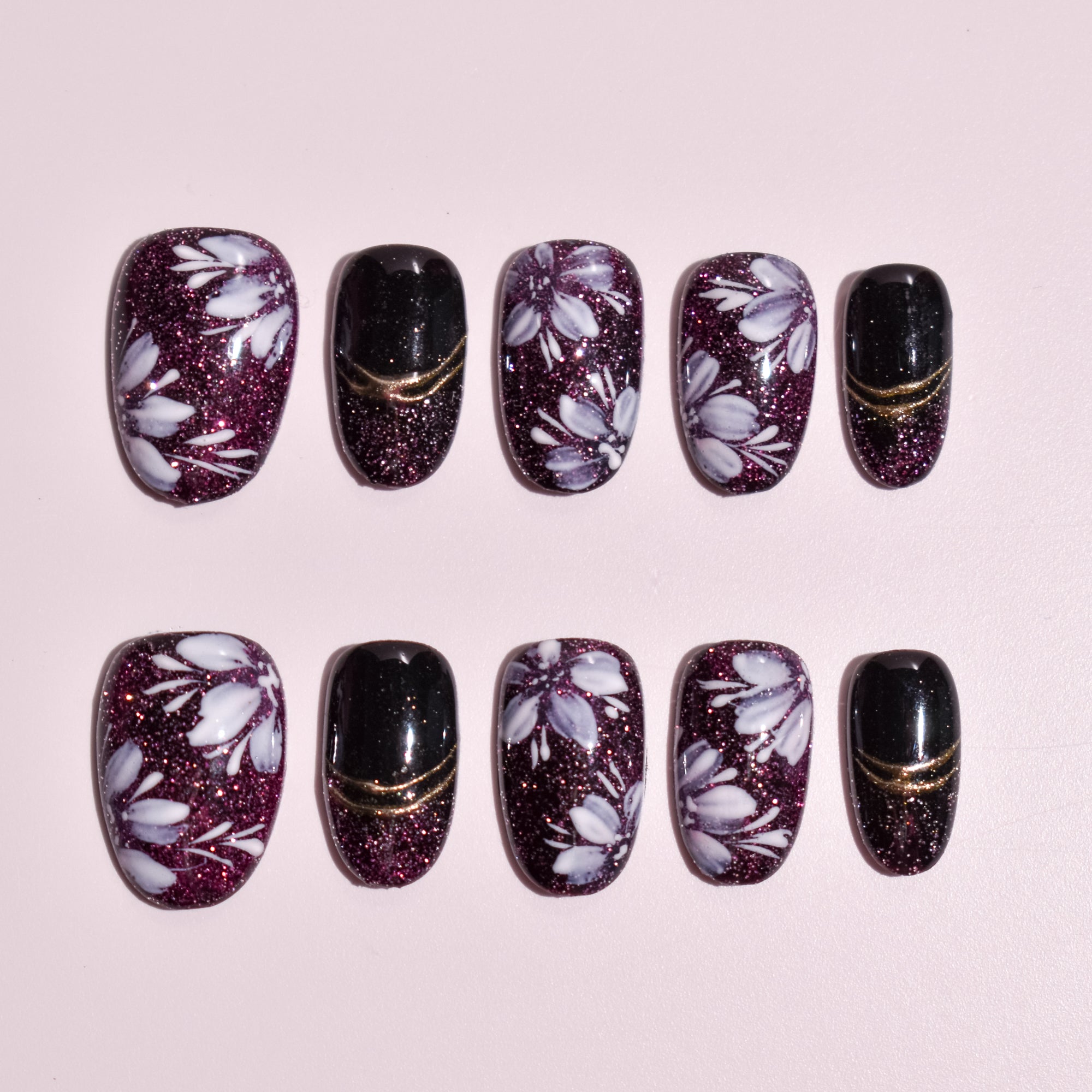🖤 Yoru Hana no En | Midnight Plum Floral Long Square Press-On Nails