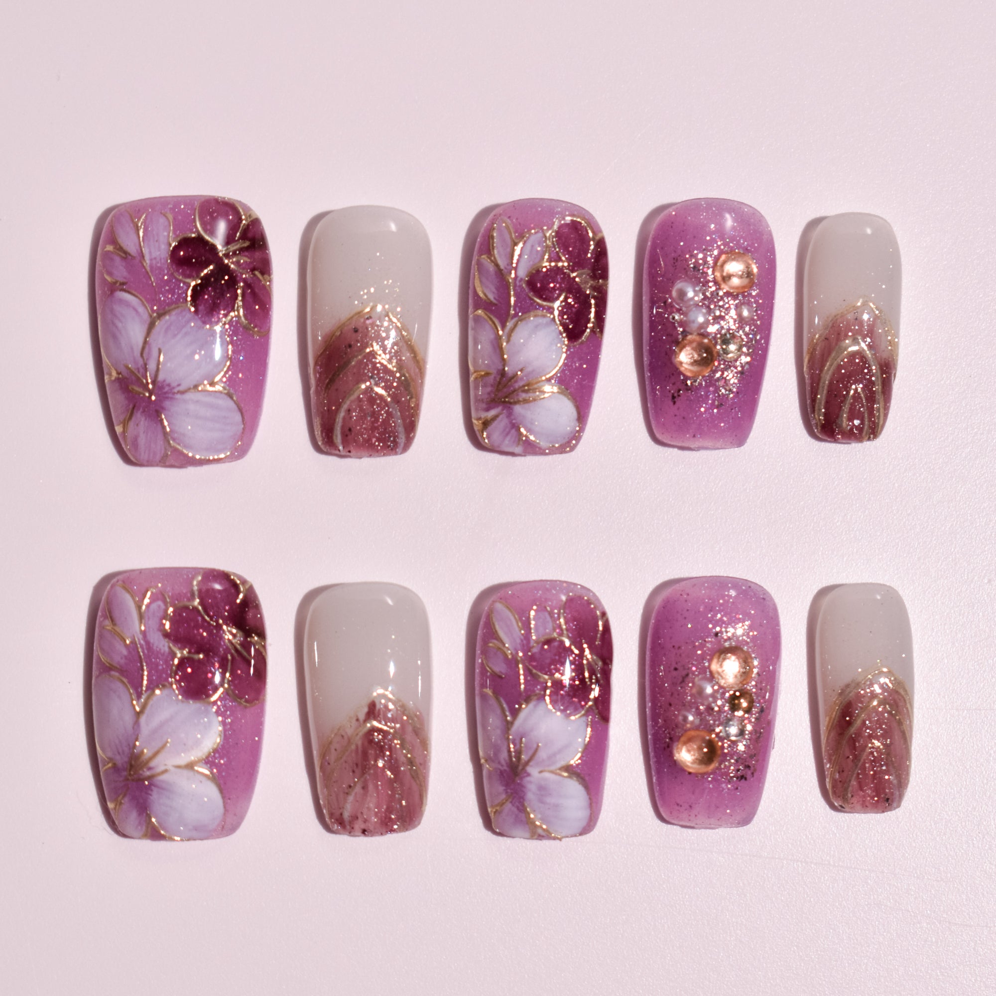Murasaki Hana no Yume | Purple Floral Long Square Press-On Nails
