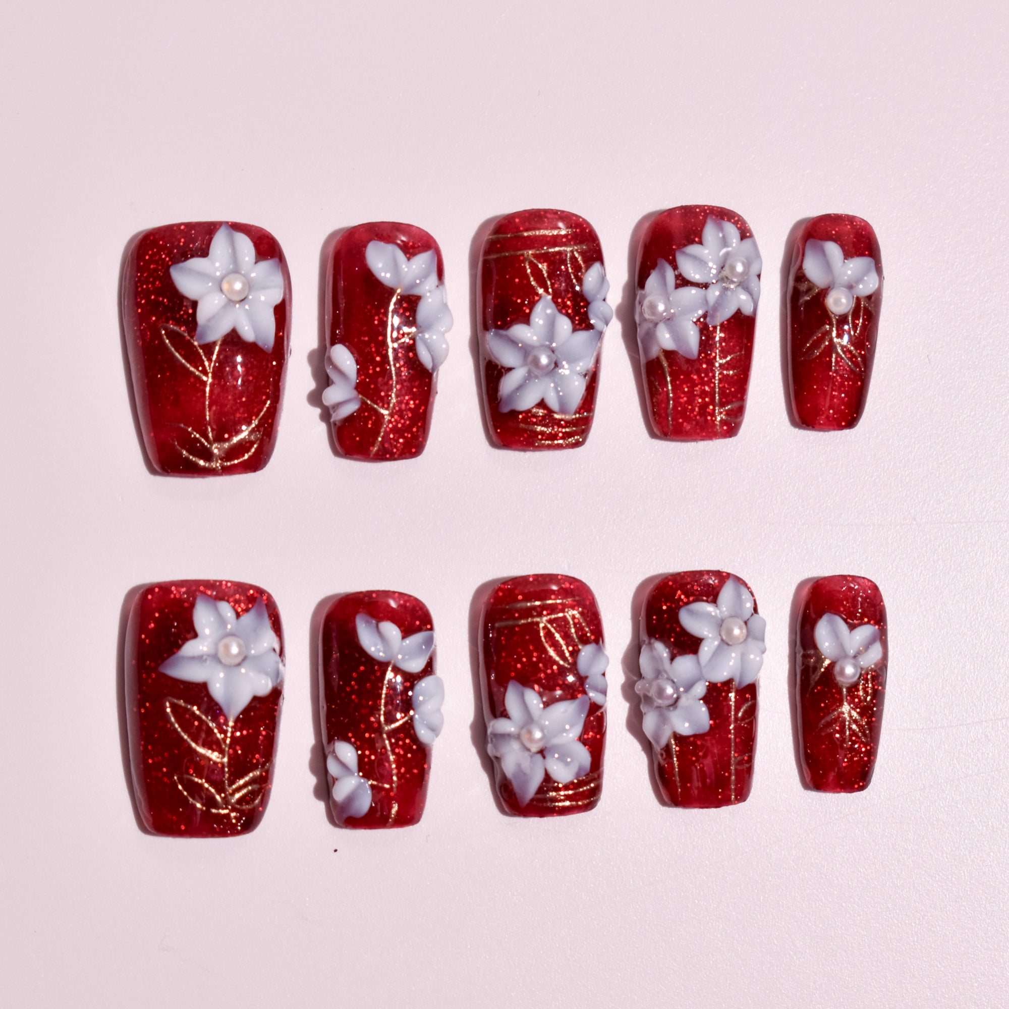 Shinku Hōsekika | Red Floral Medium Coffin Press-On Nails