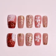 🌸 Momiji Blush Veil | Floral Nude Medium Square Press-On Nails