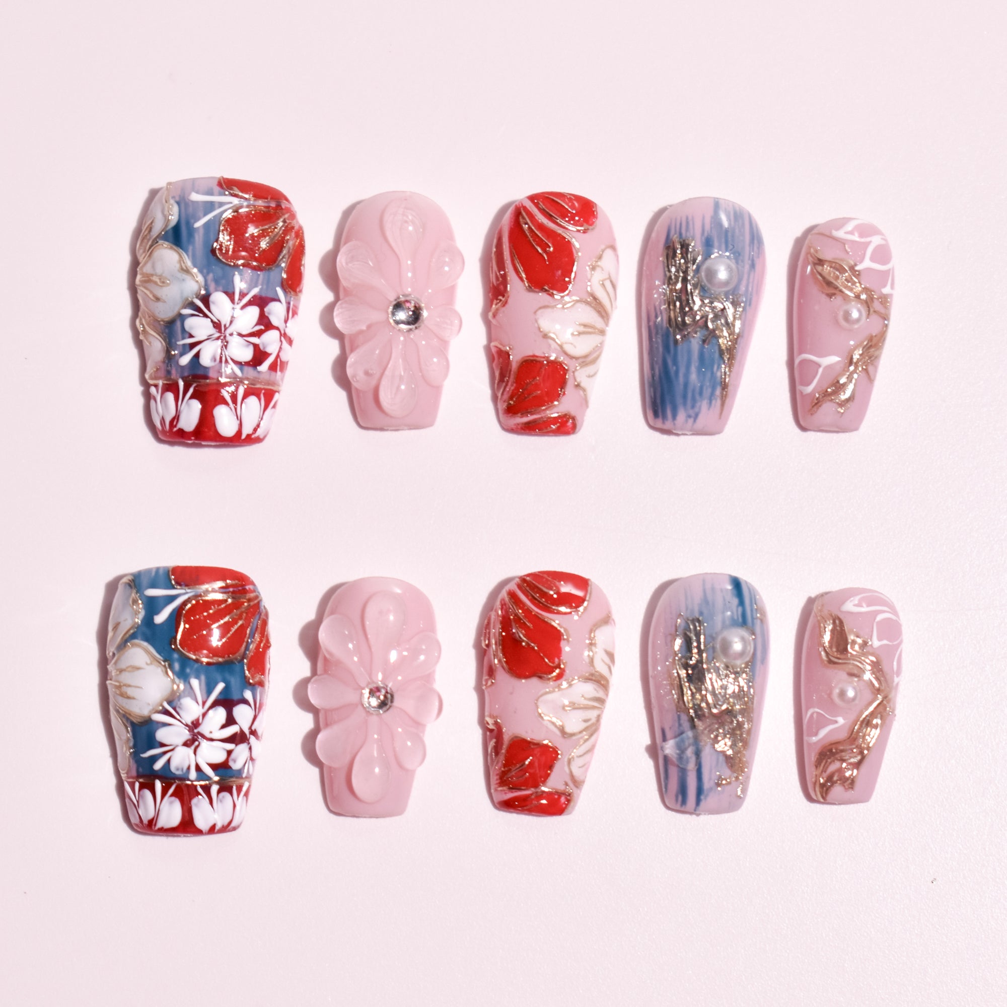 Crimson Porcelain Bloom | Medium Coffin Hand-Painted Floral Press-On Nails