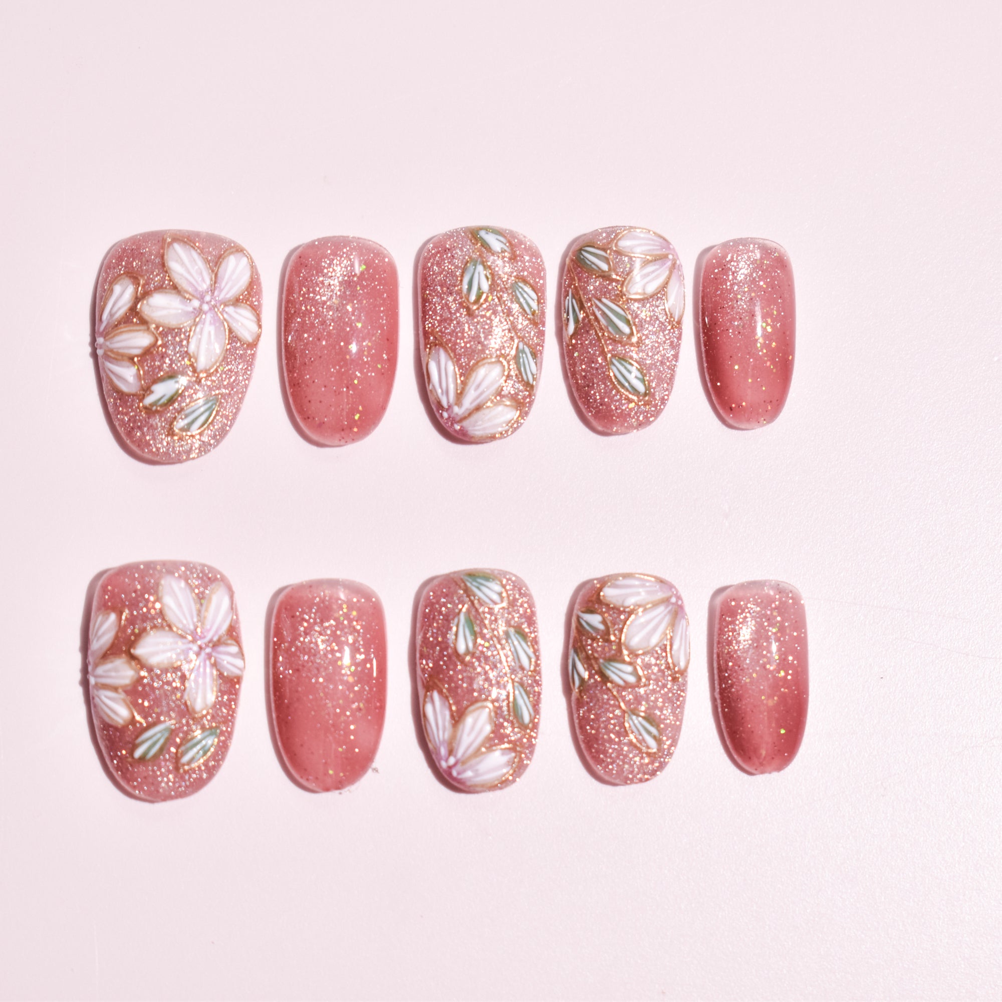 Sakura Rosé Veil | Medium Oval Floral Glitter Press-On Nails