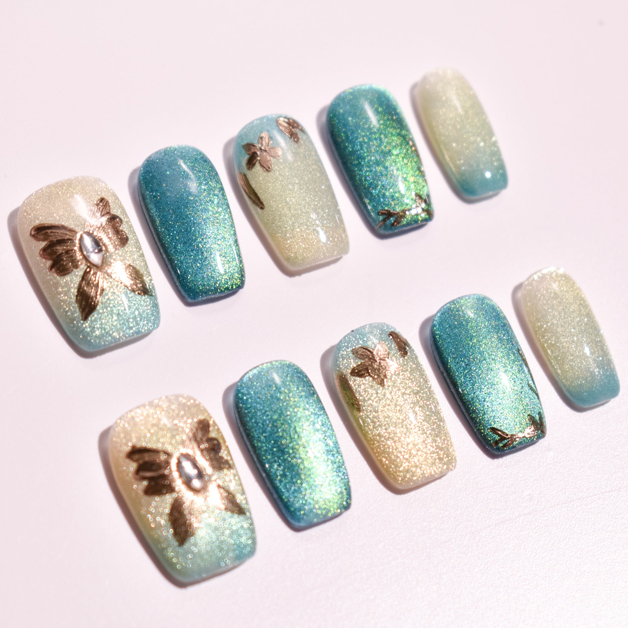 Verdant Glow | Medium Square Green & Gold Shimmer Press-On Nails