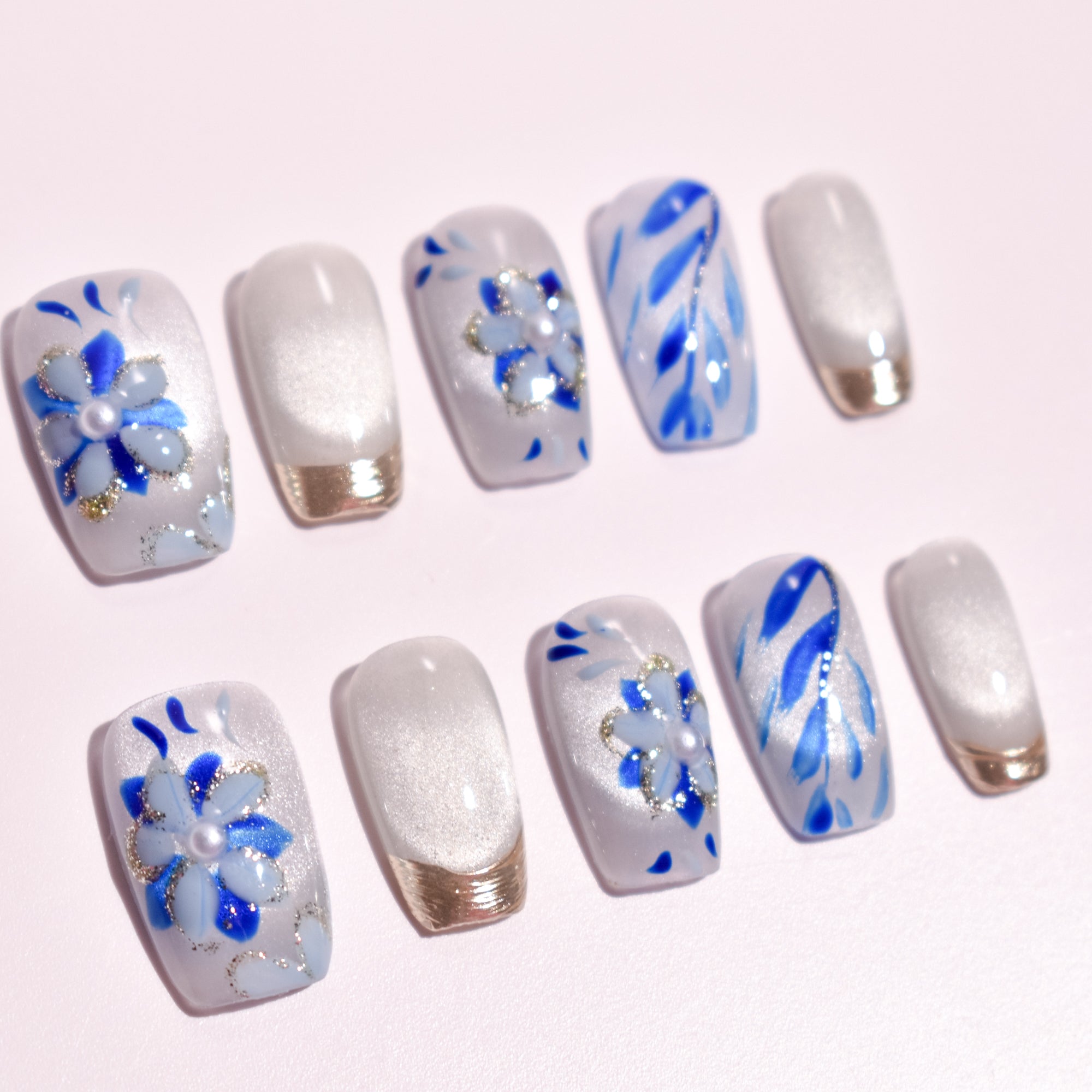 Azure Pearl Bloom | Medium Square Blue Floral Press-On Nails