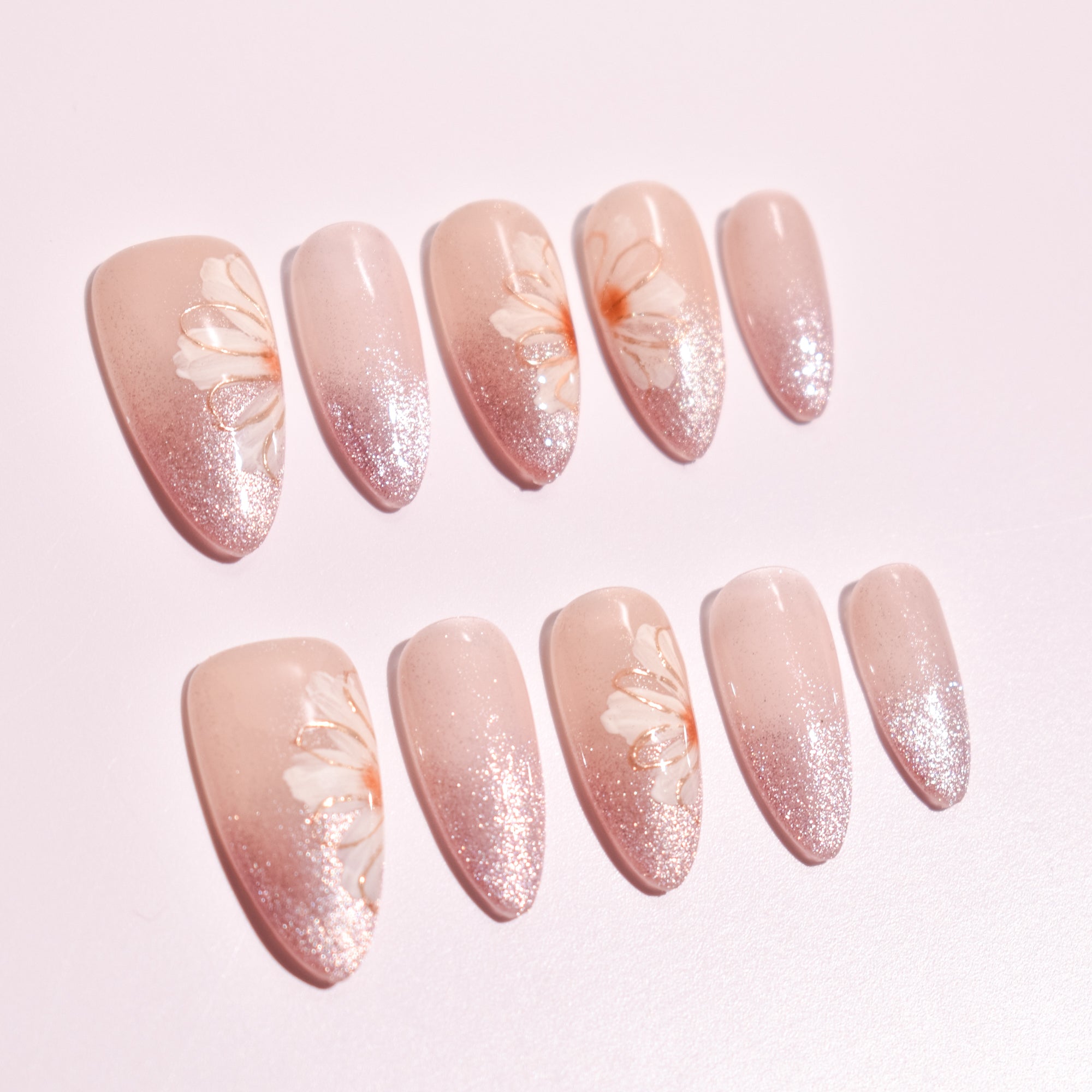Rose Quartz Petal Glow | Long Almond Floral Ombre Press-On Nails